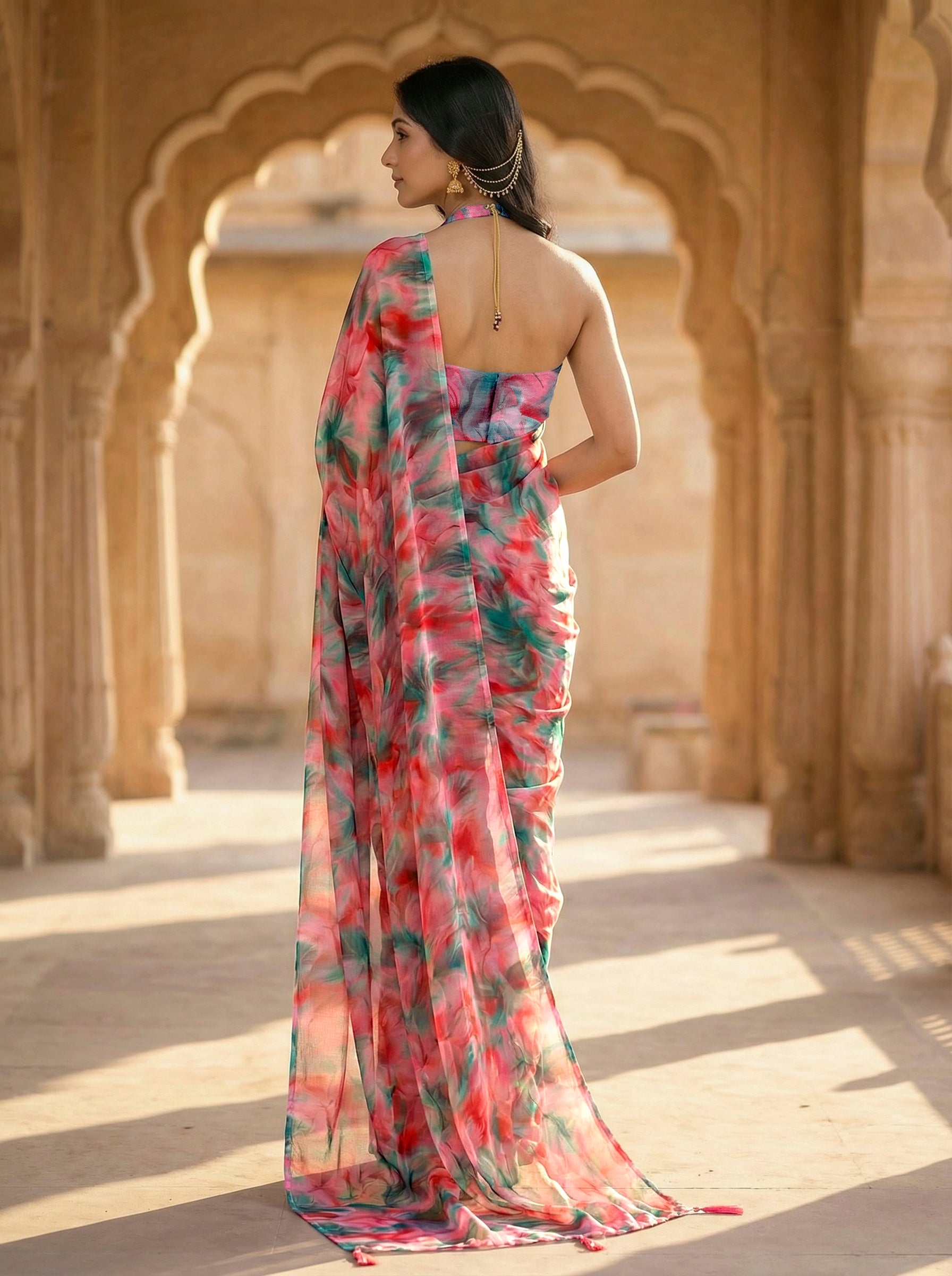 Ready to wear green and red colored poly georgette saree