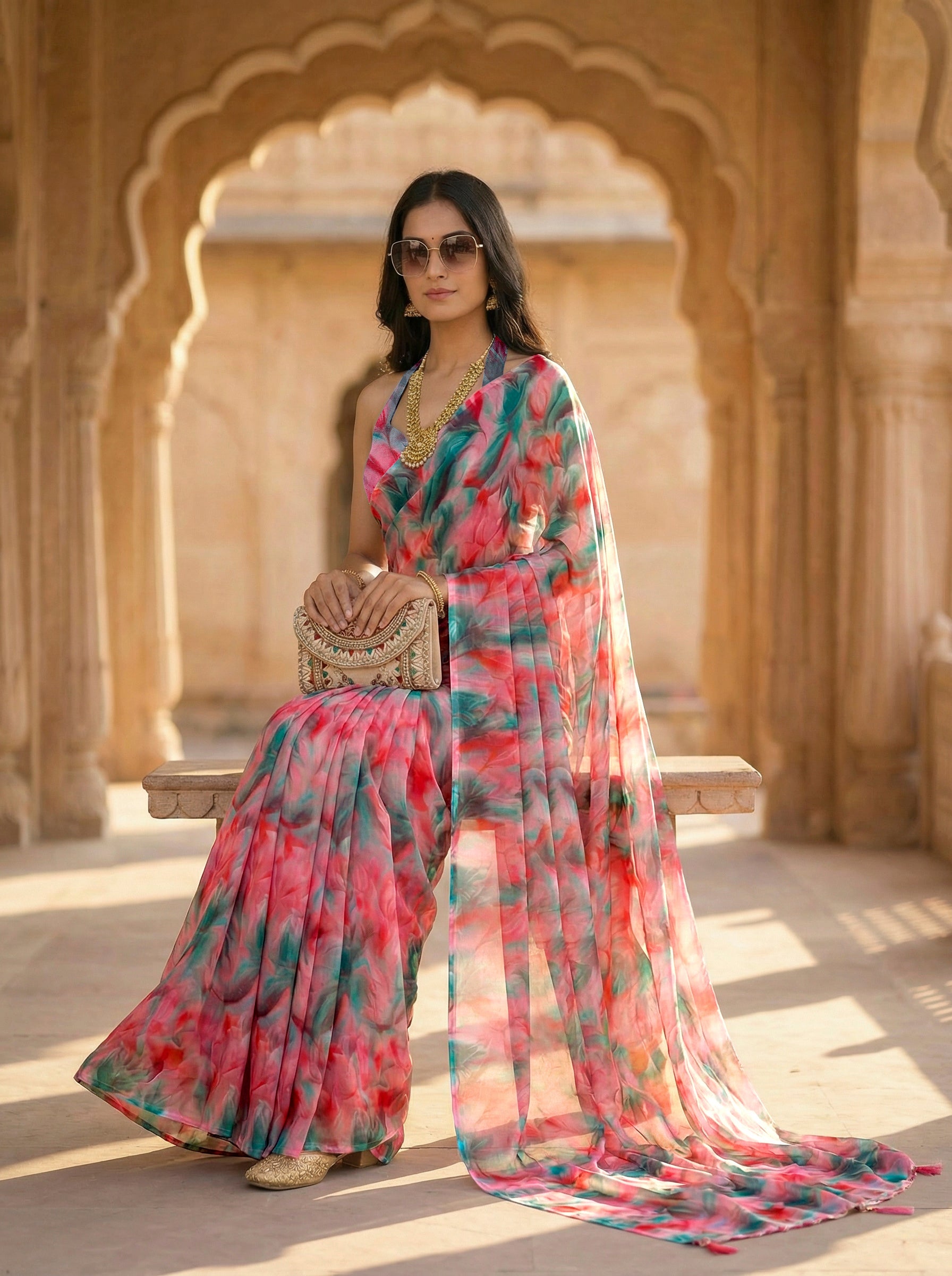 Ready to wear green and red colored poly georgette saree
