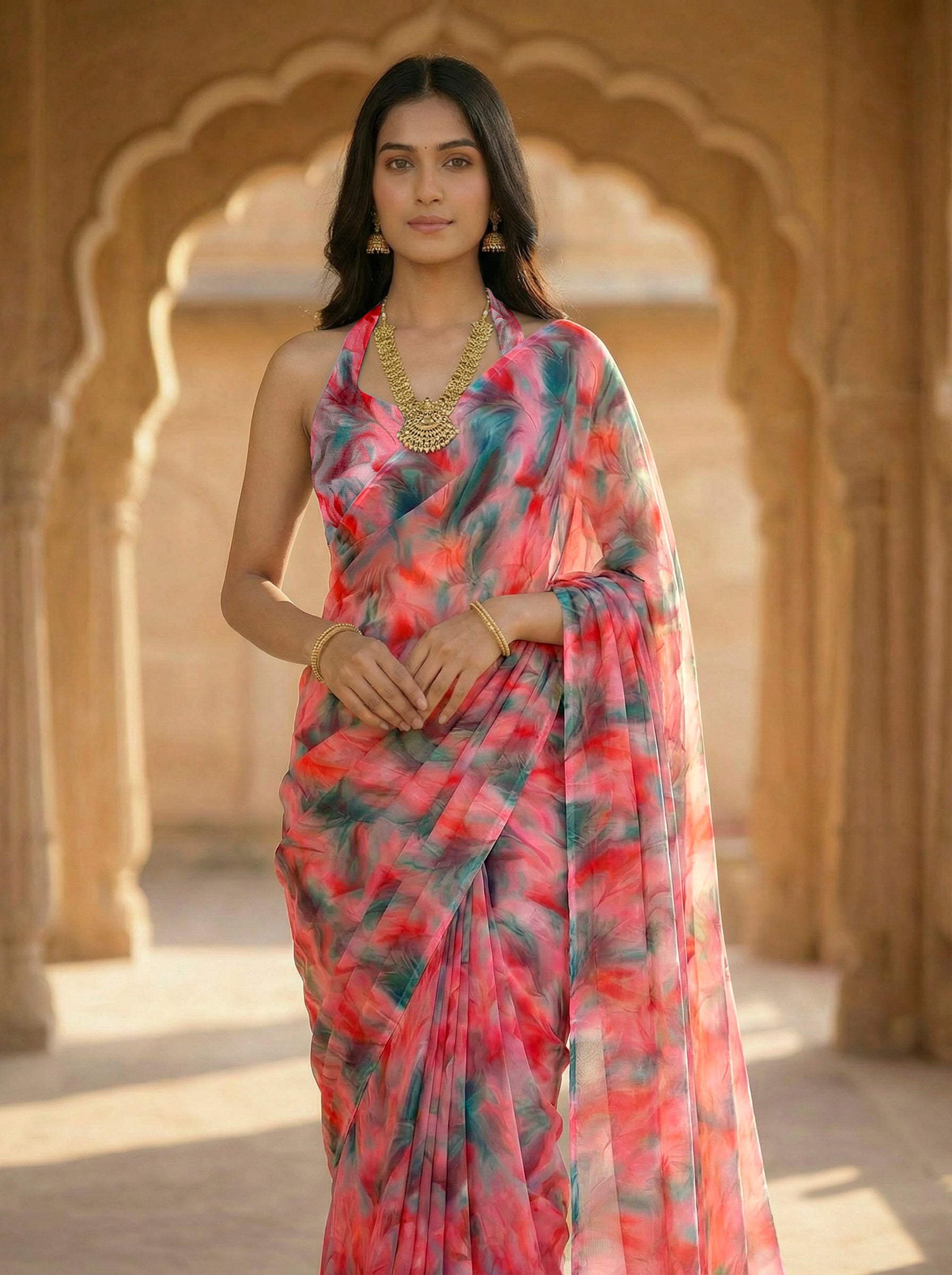 Ready to wear green and red colored poly georgette saree