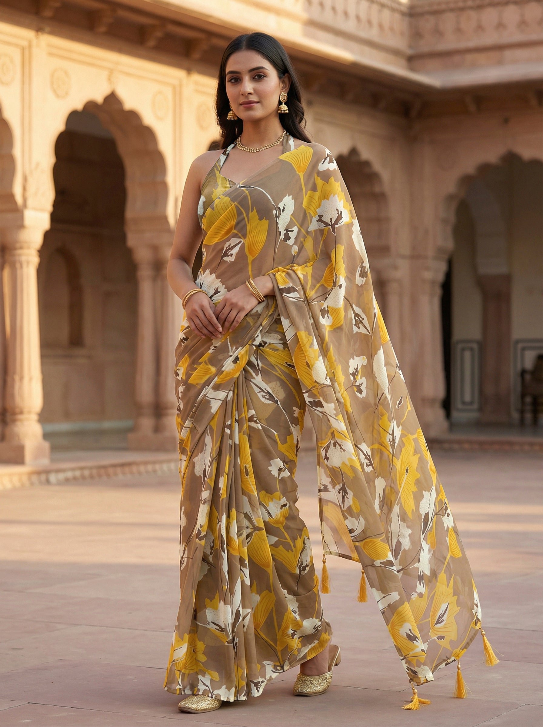 Ready to wear mustard colored poly georgette saree