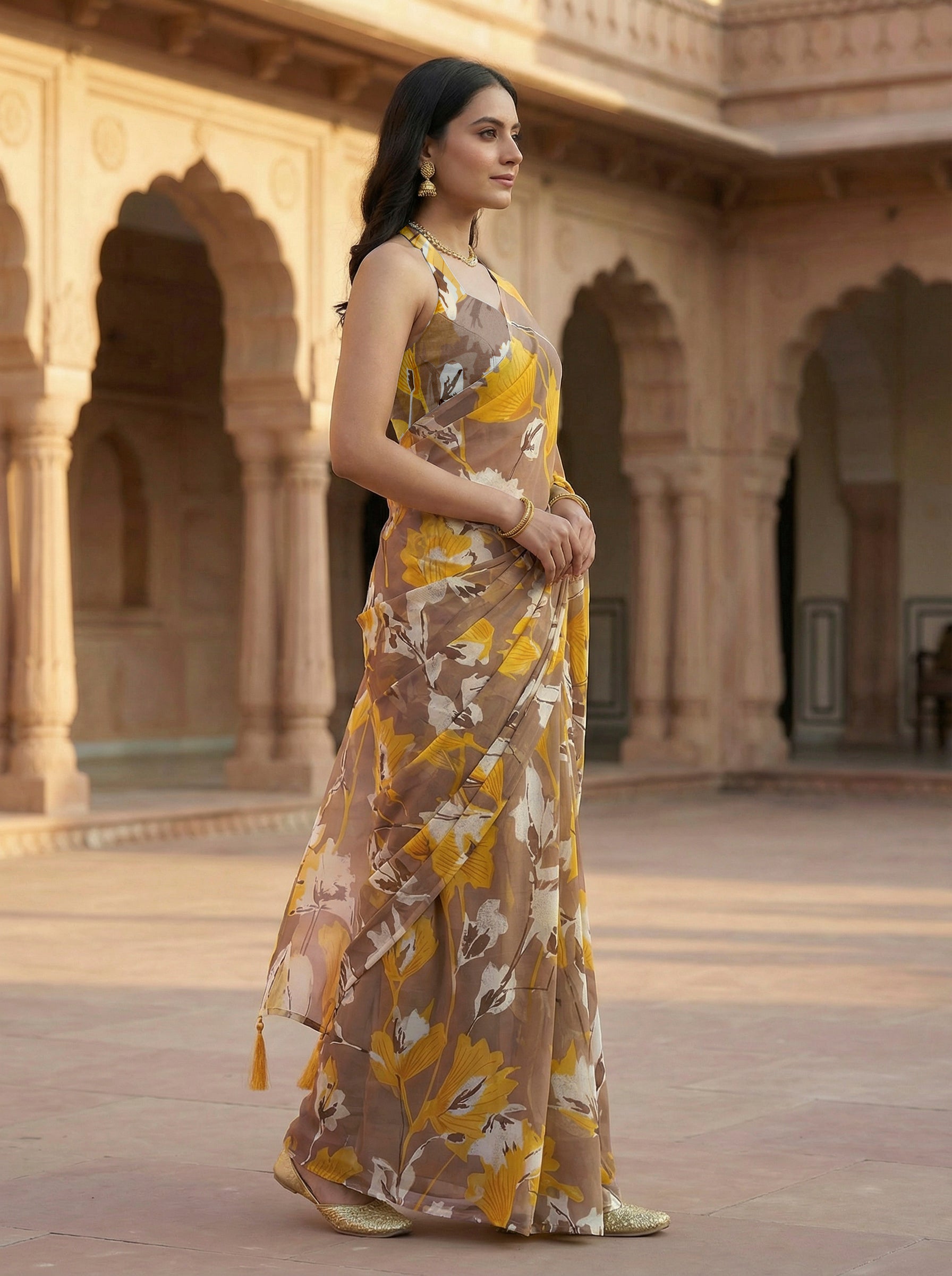 Ready to wear mustard colored poly georgette saree