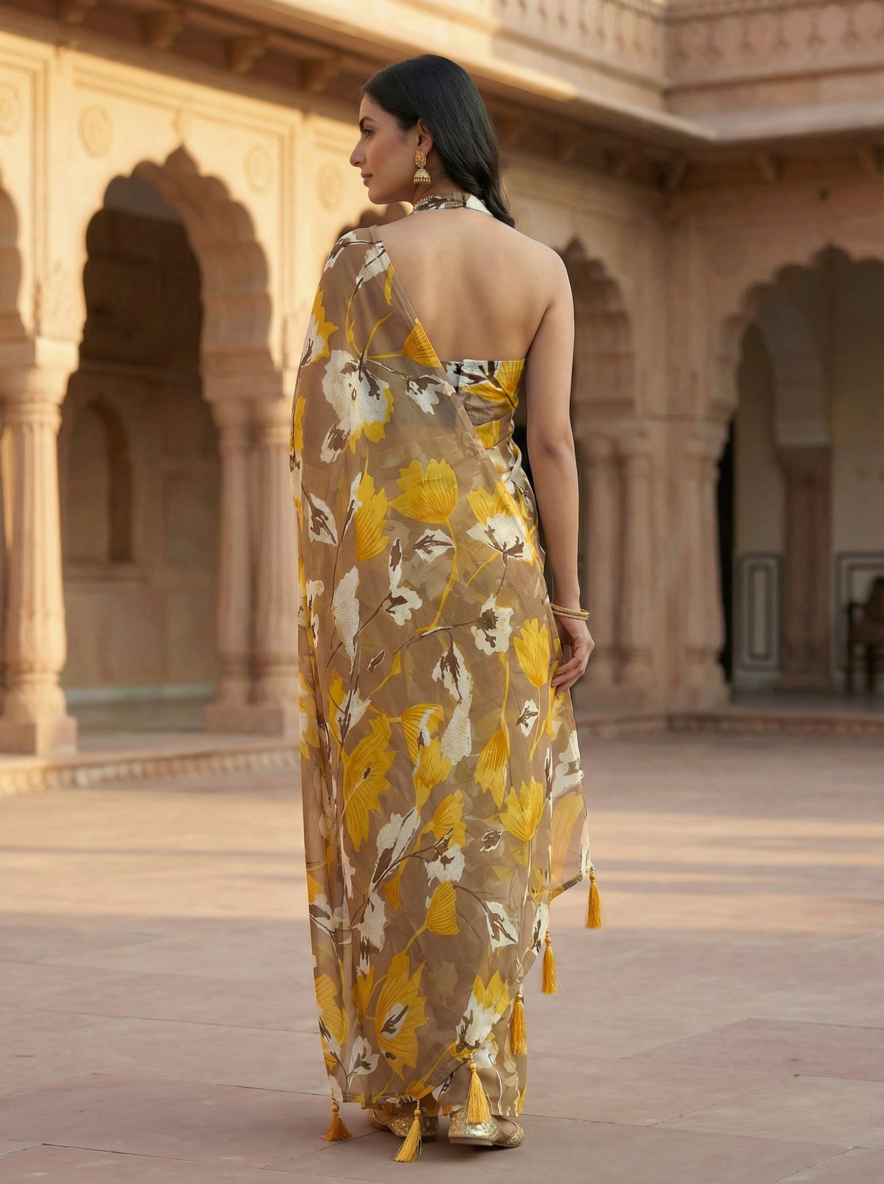 Ready to wear mustard colored poly georgette saree