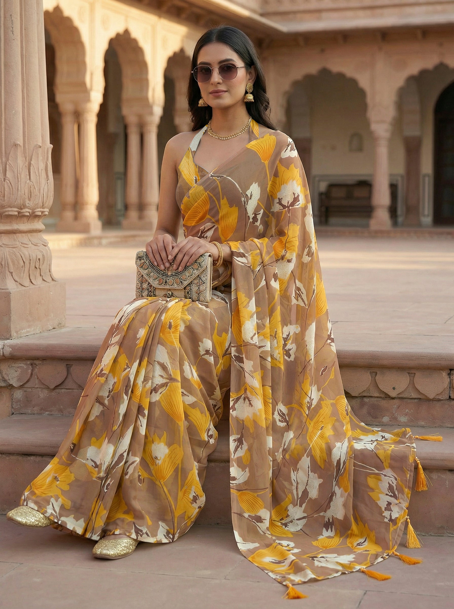 Ready to wear mustard colored poly georgette saree