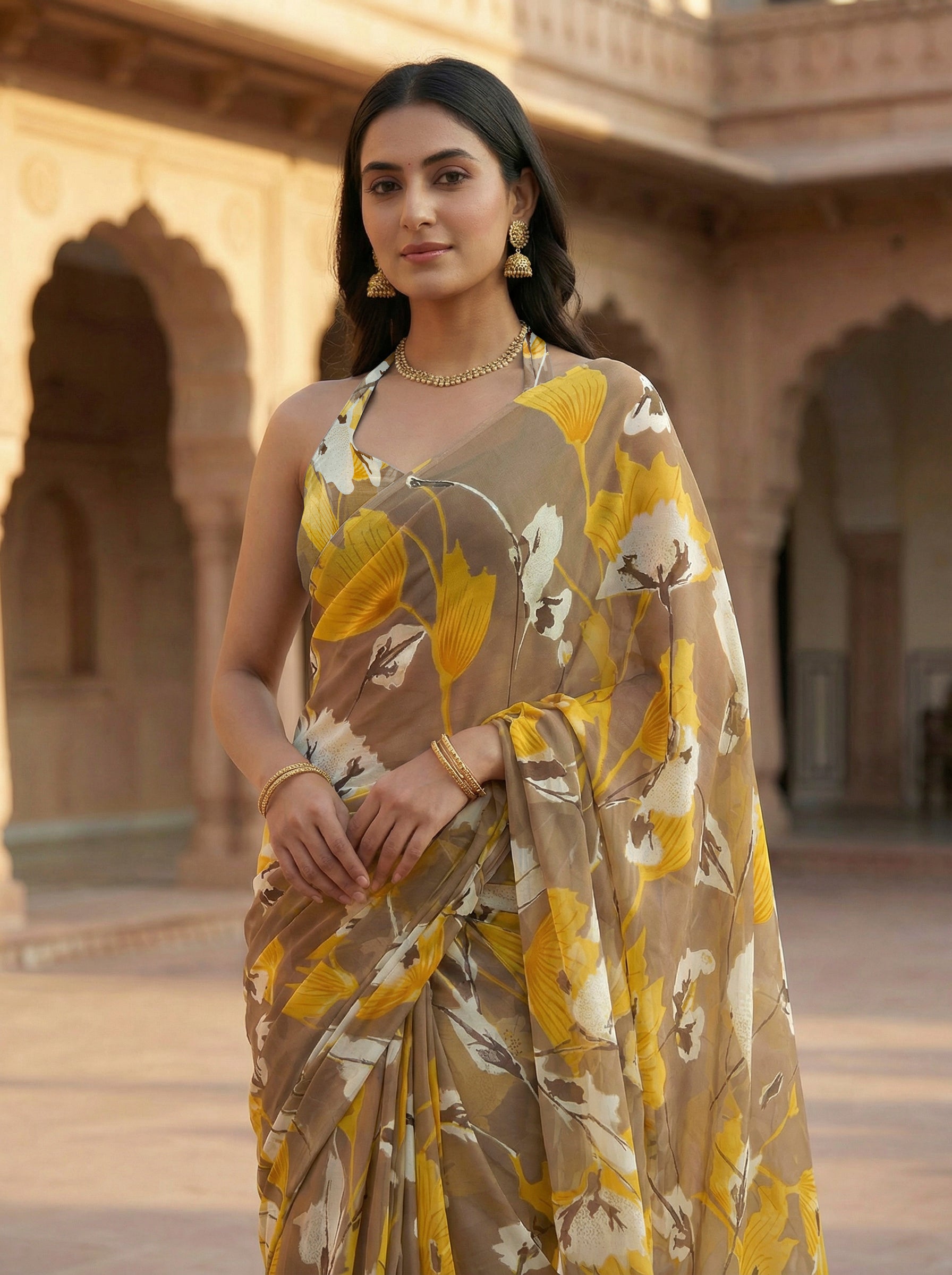 Ready to wear mustard colored poly georgette saree