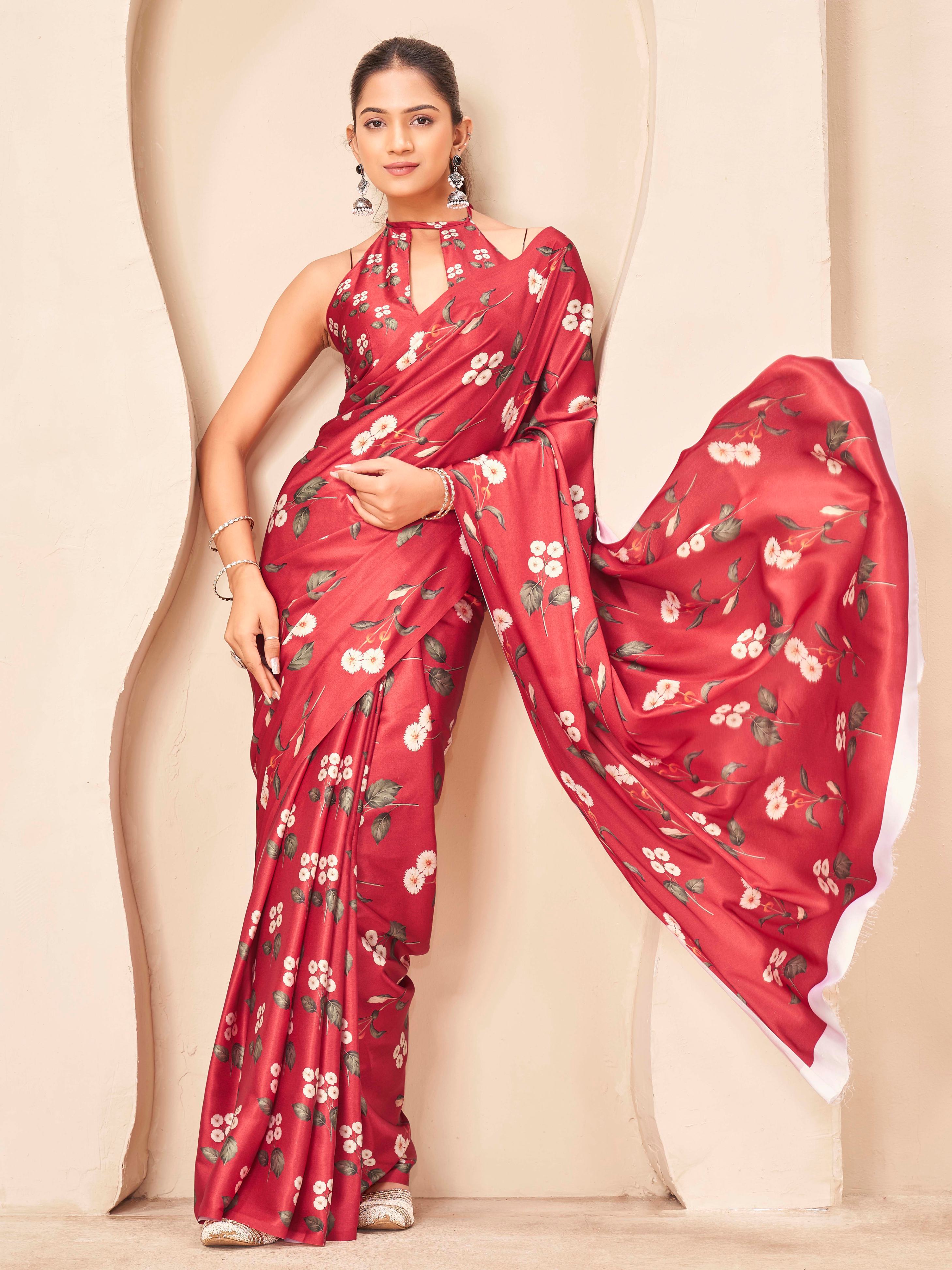 Red colored designer digital printed satin saree