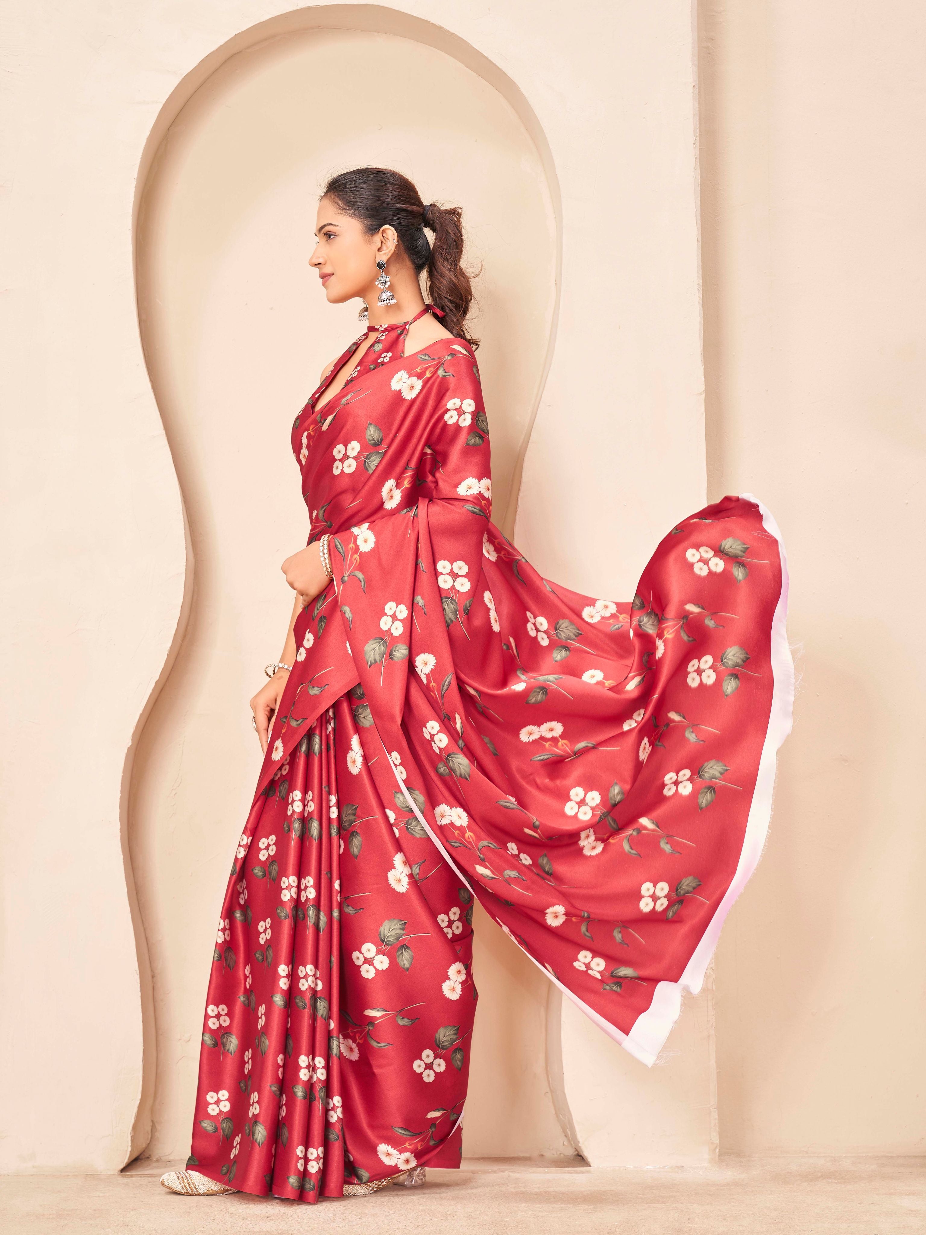 Red colored designer digital printed satin saree