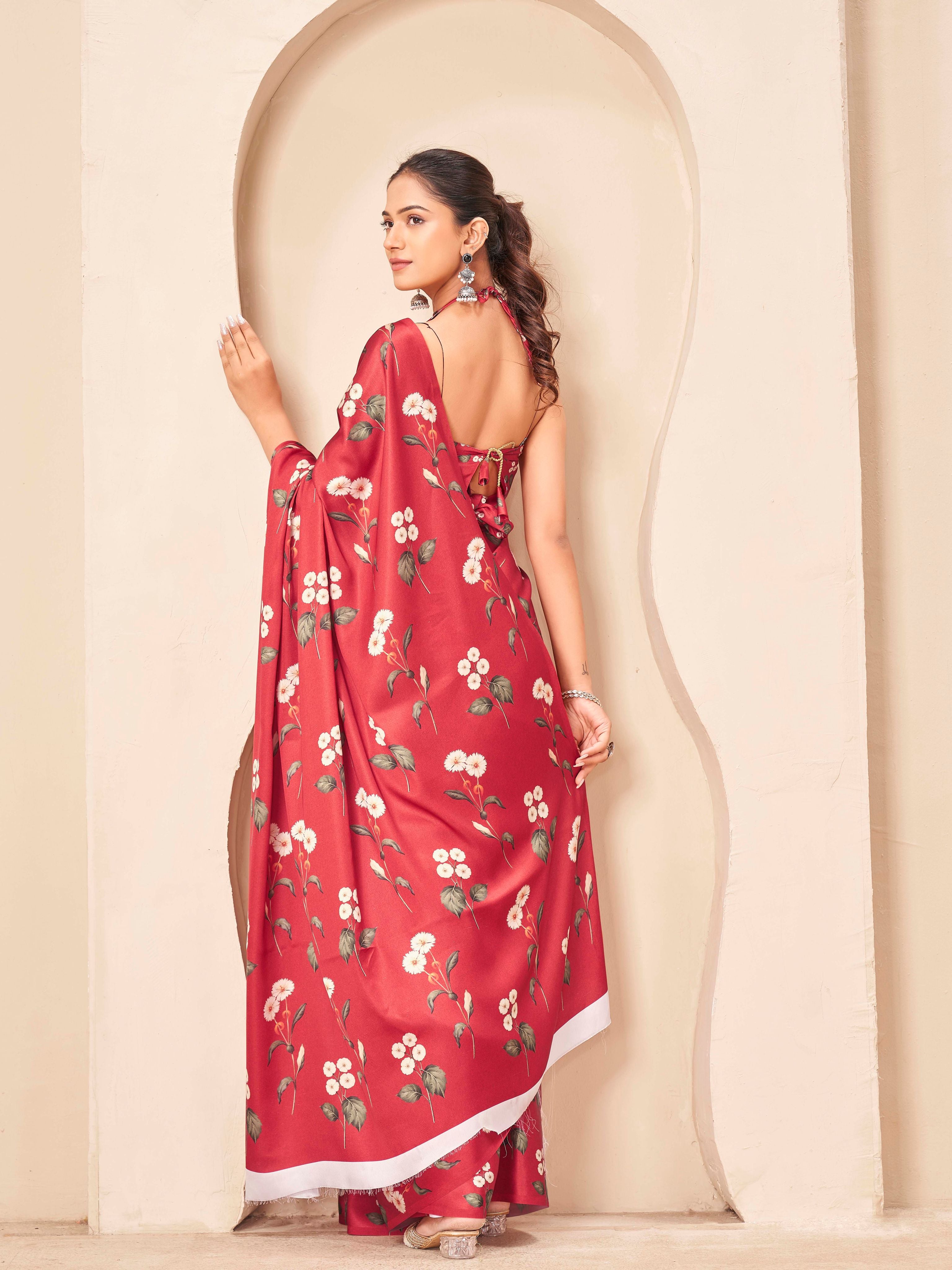 Red colored designer digital printed satin saree