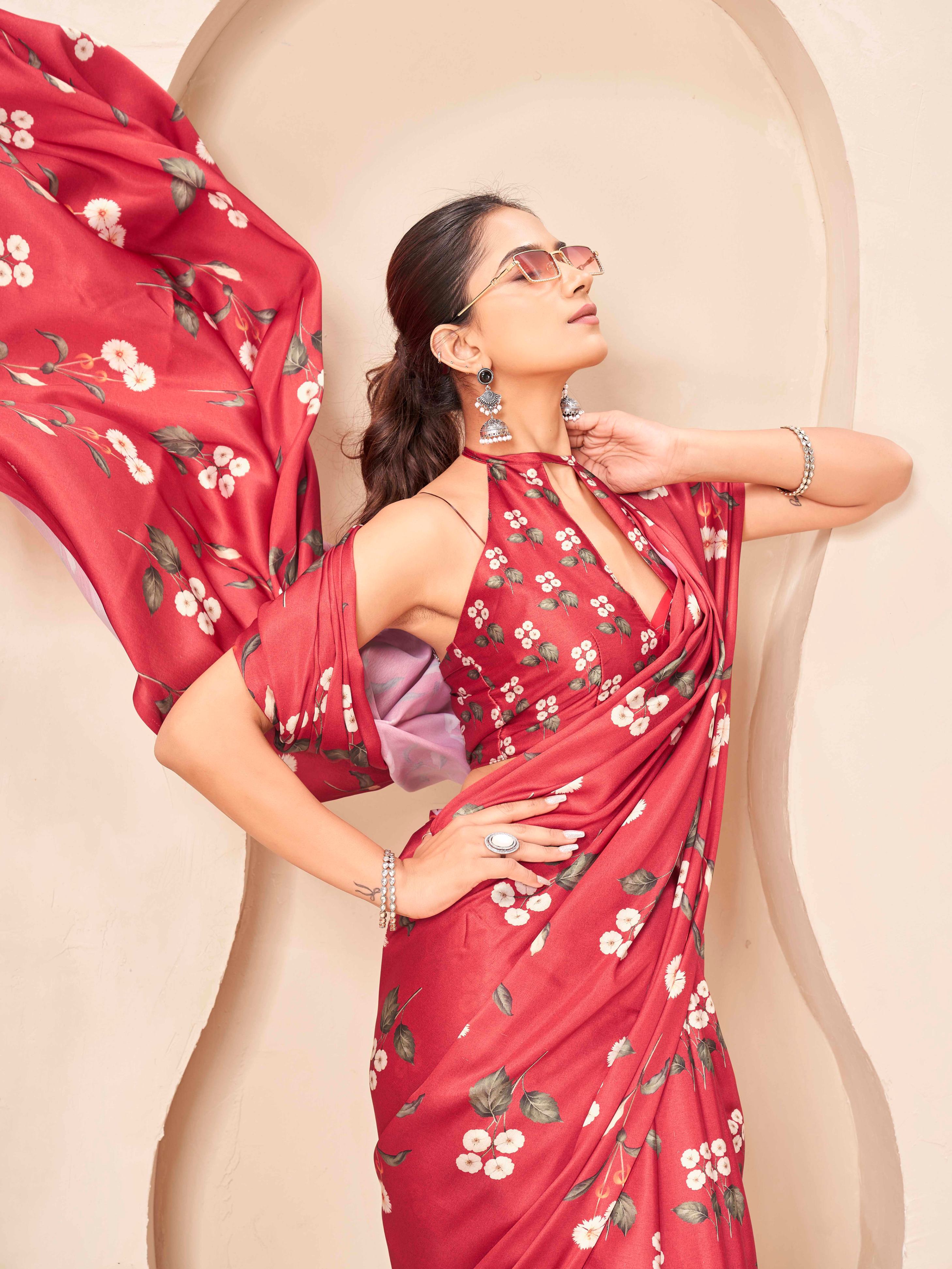Red colored designer digital printed satin saree