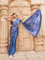 Blue colored satin digital printed denim textured designer saree