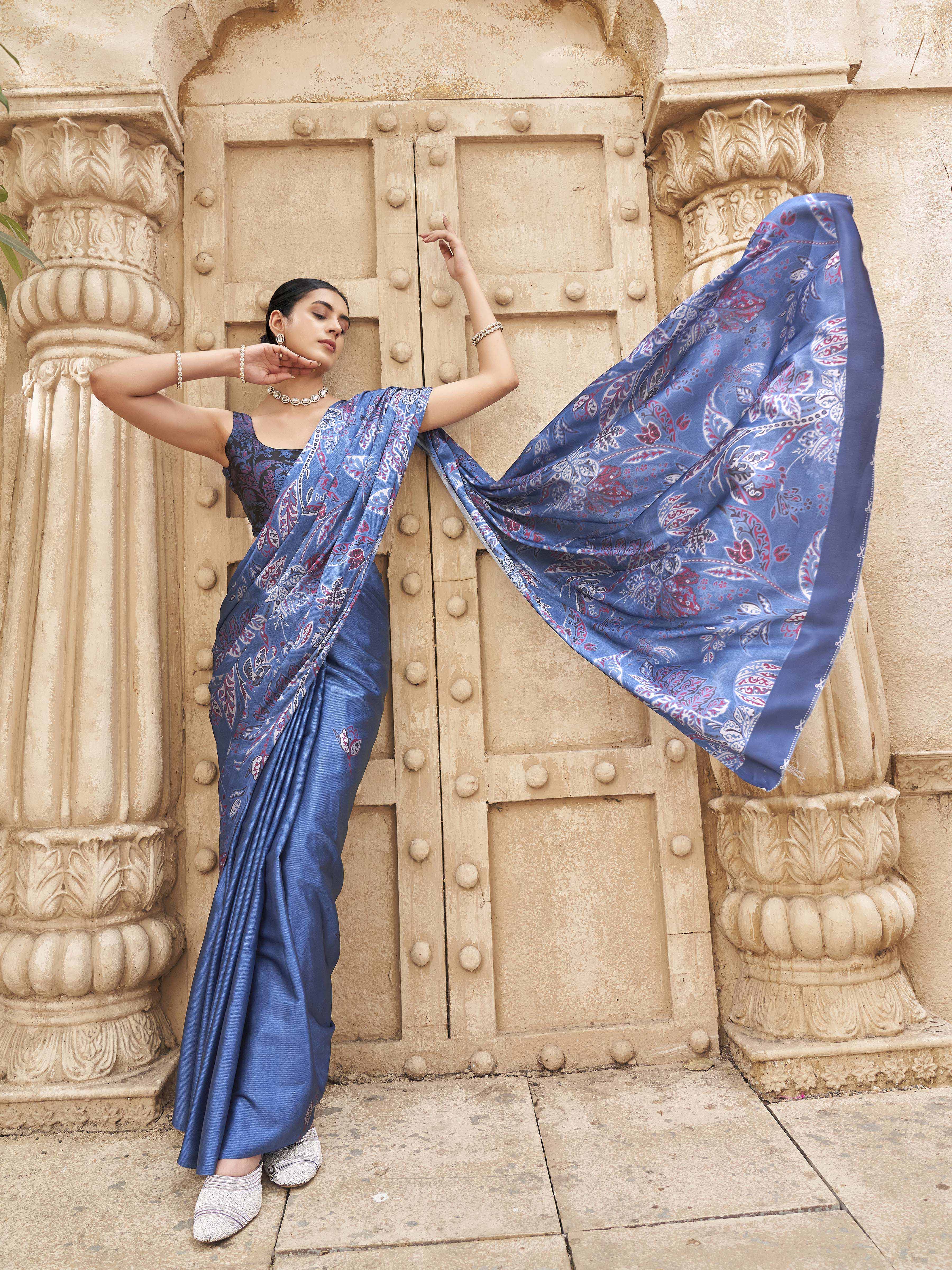 Blue colored satin digital printed denim textured designer saree