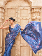 Blue colored satin digital printed denim textured designer saree