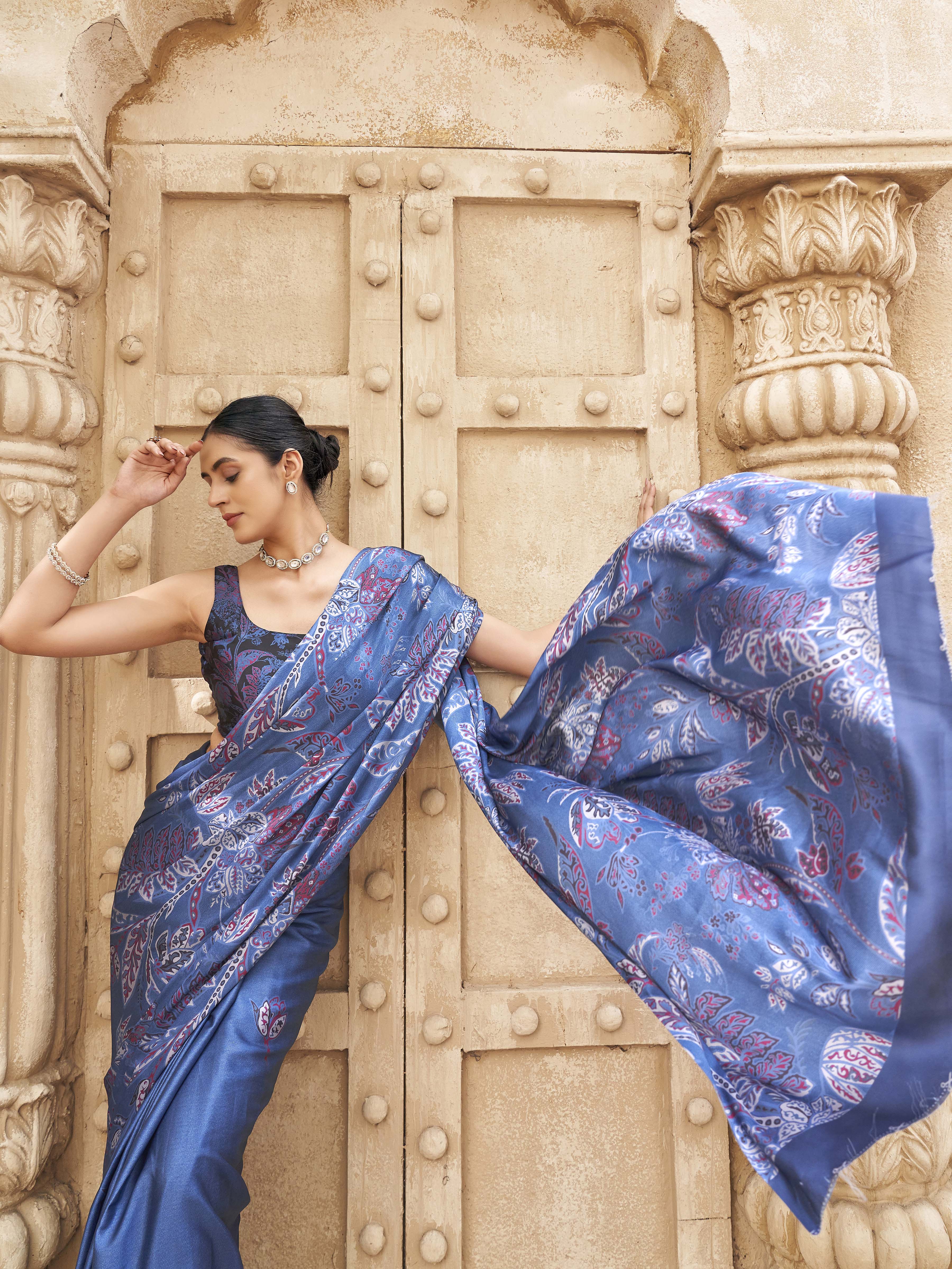 Blue colored satin digital printed denim textured designer saree