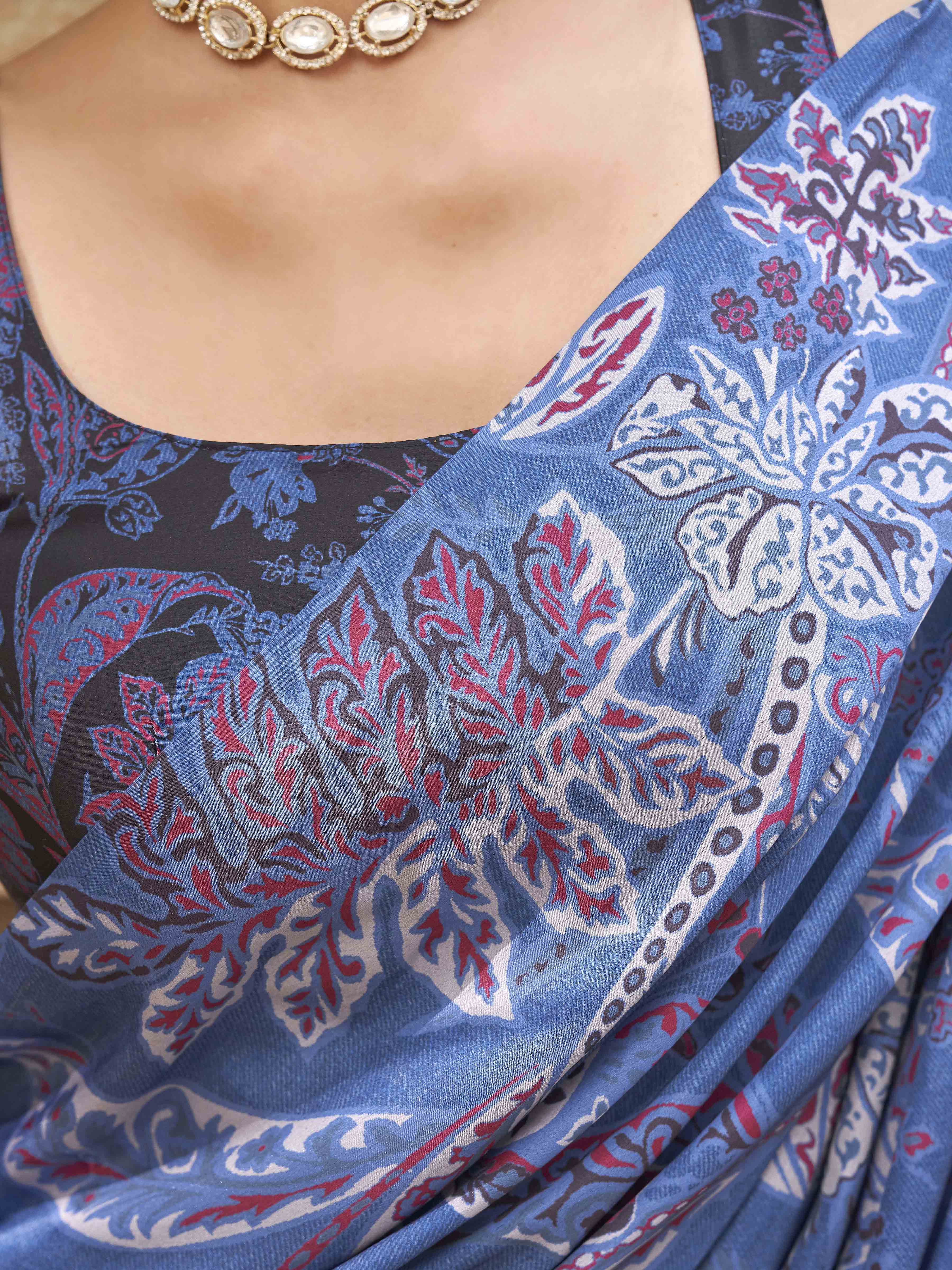 Blue colored satin digital printed denim textured designer saree