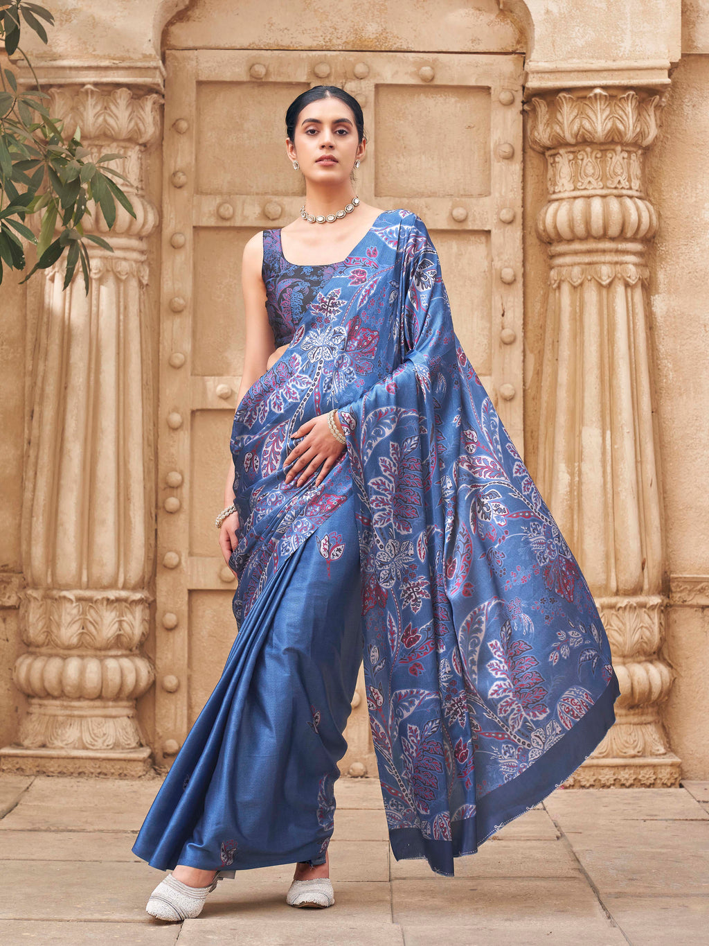 Blue colored satin digital printed denim textured designer saree