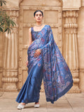 Blue colored satin digital printed denim textured designer saree