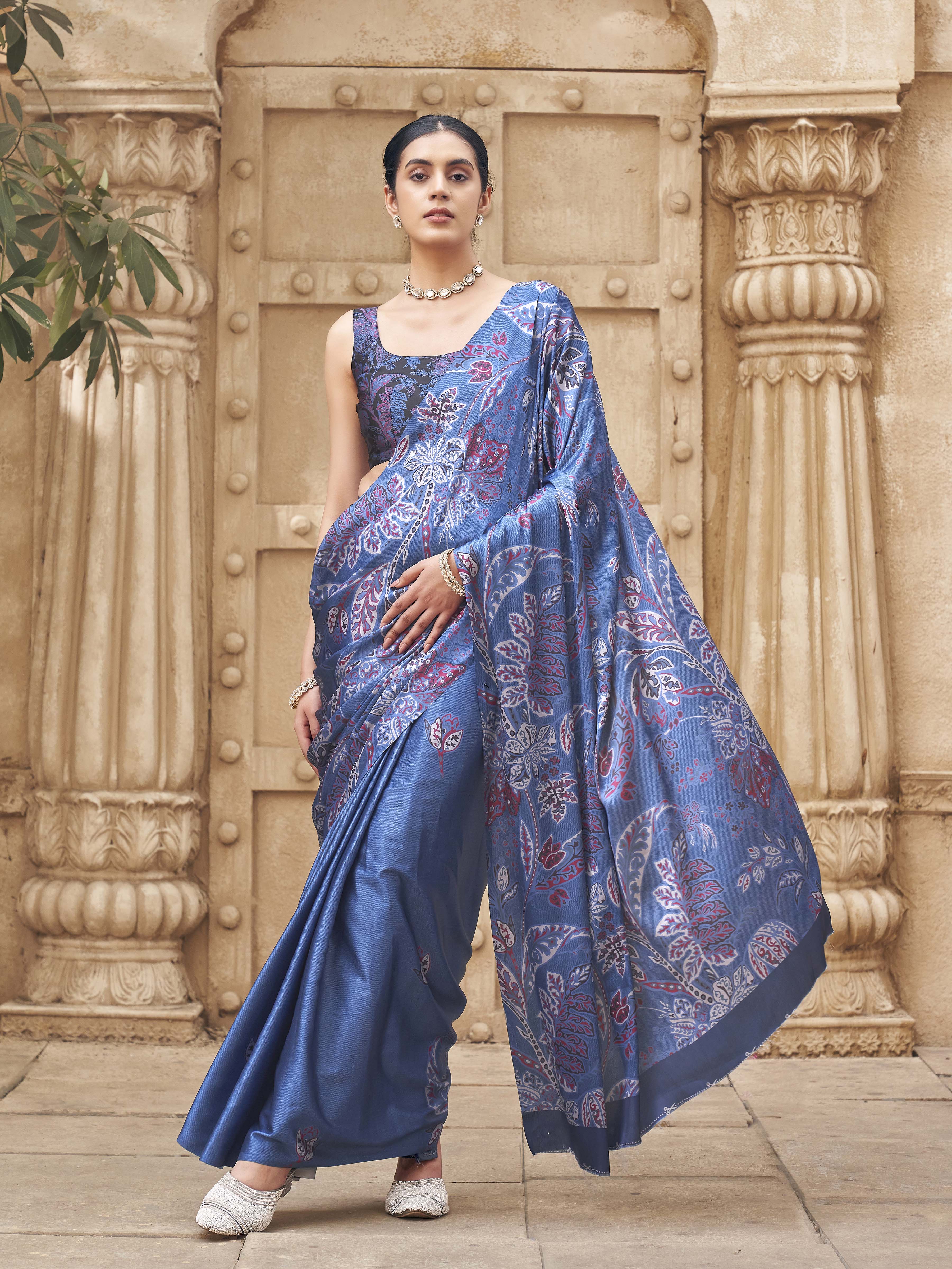 Blue colored satin digital printed denim textured designer saree