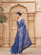 Blue colored satin digital printed denim textured designer saree