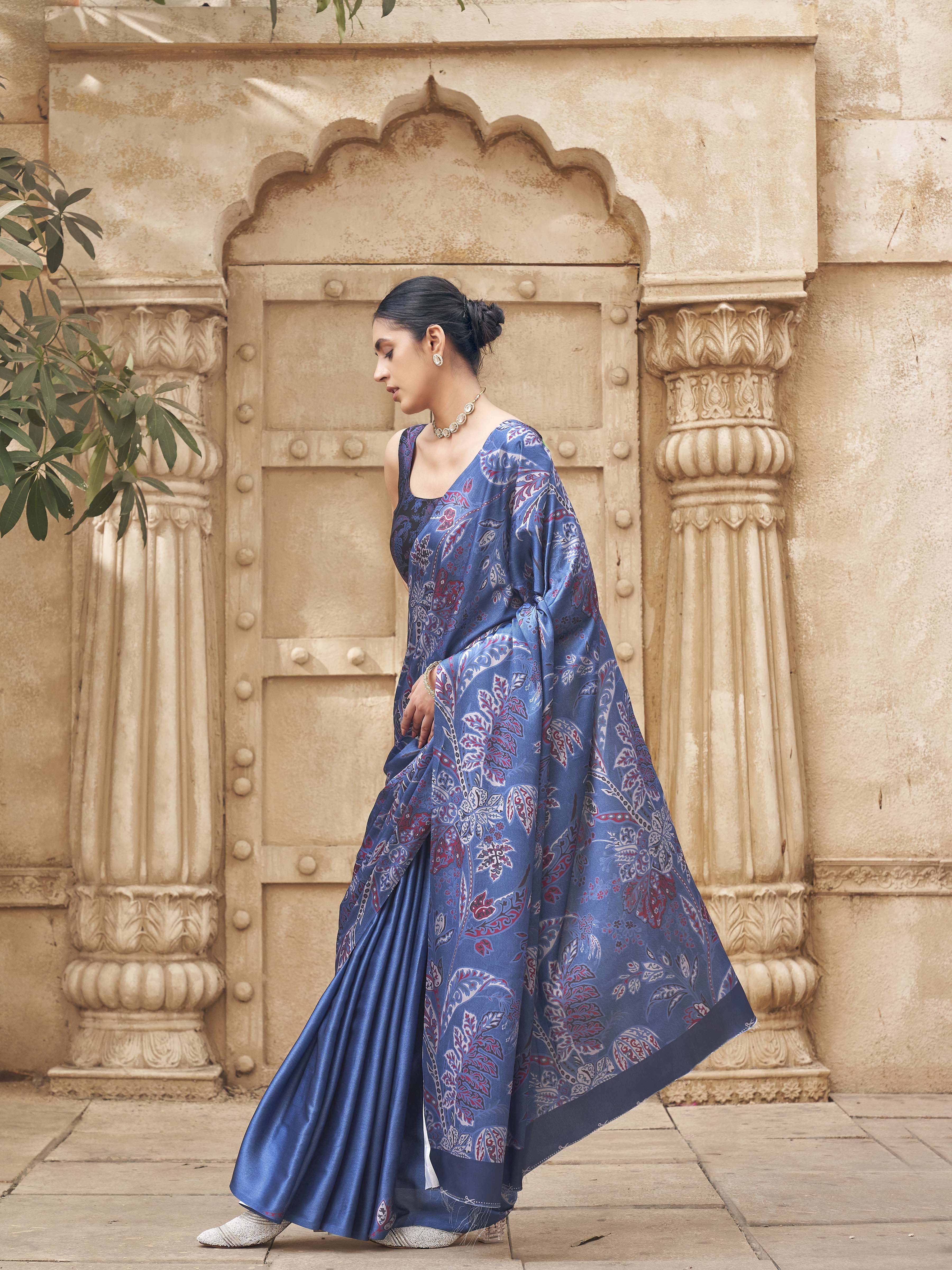 Blue colored satin digital printed denim textured designer saree