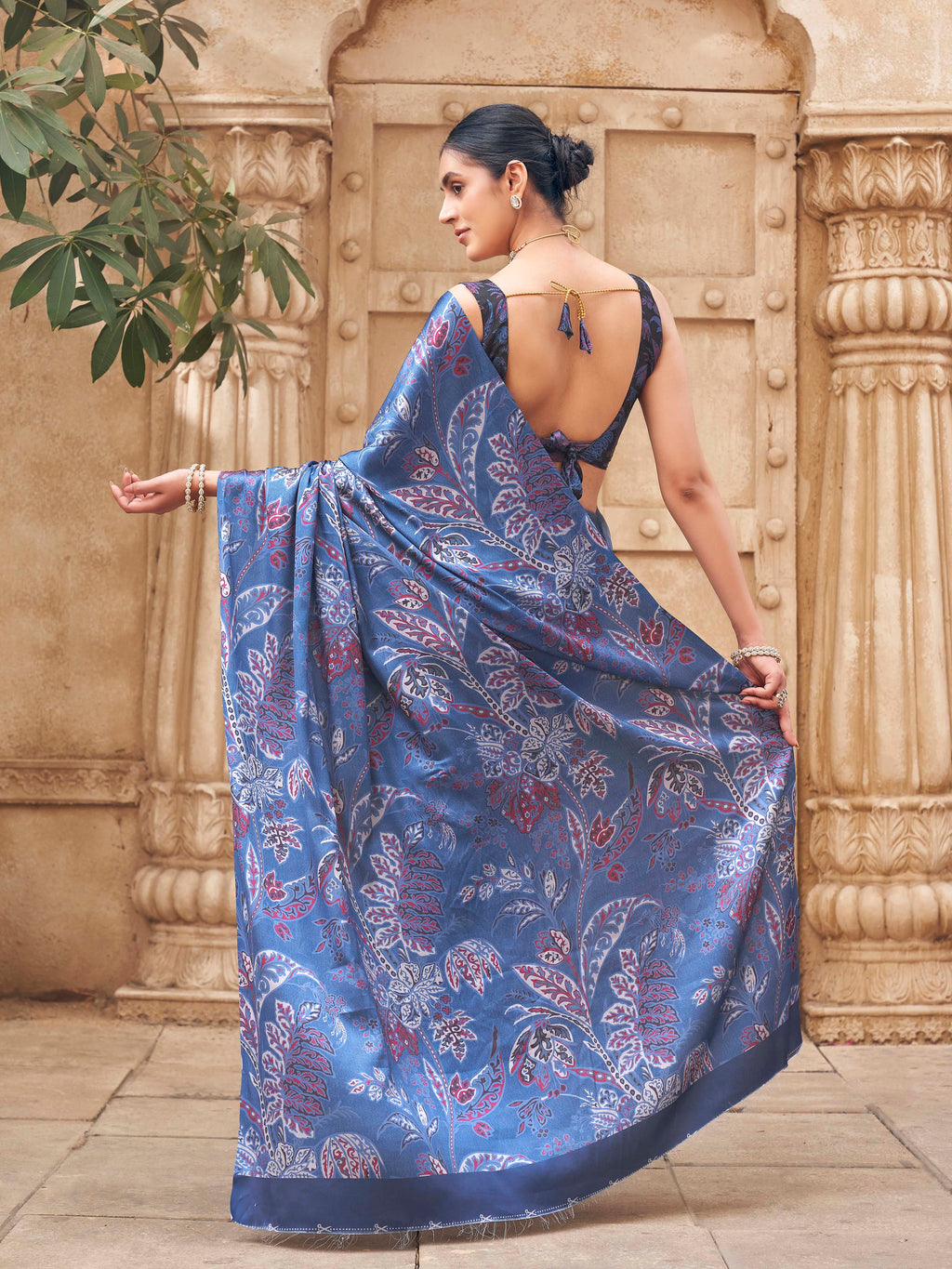 Blue colored satin digital printed denim textured designer saree