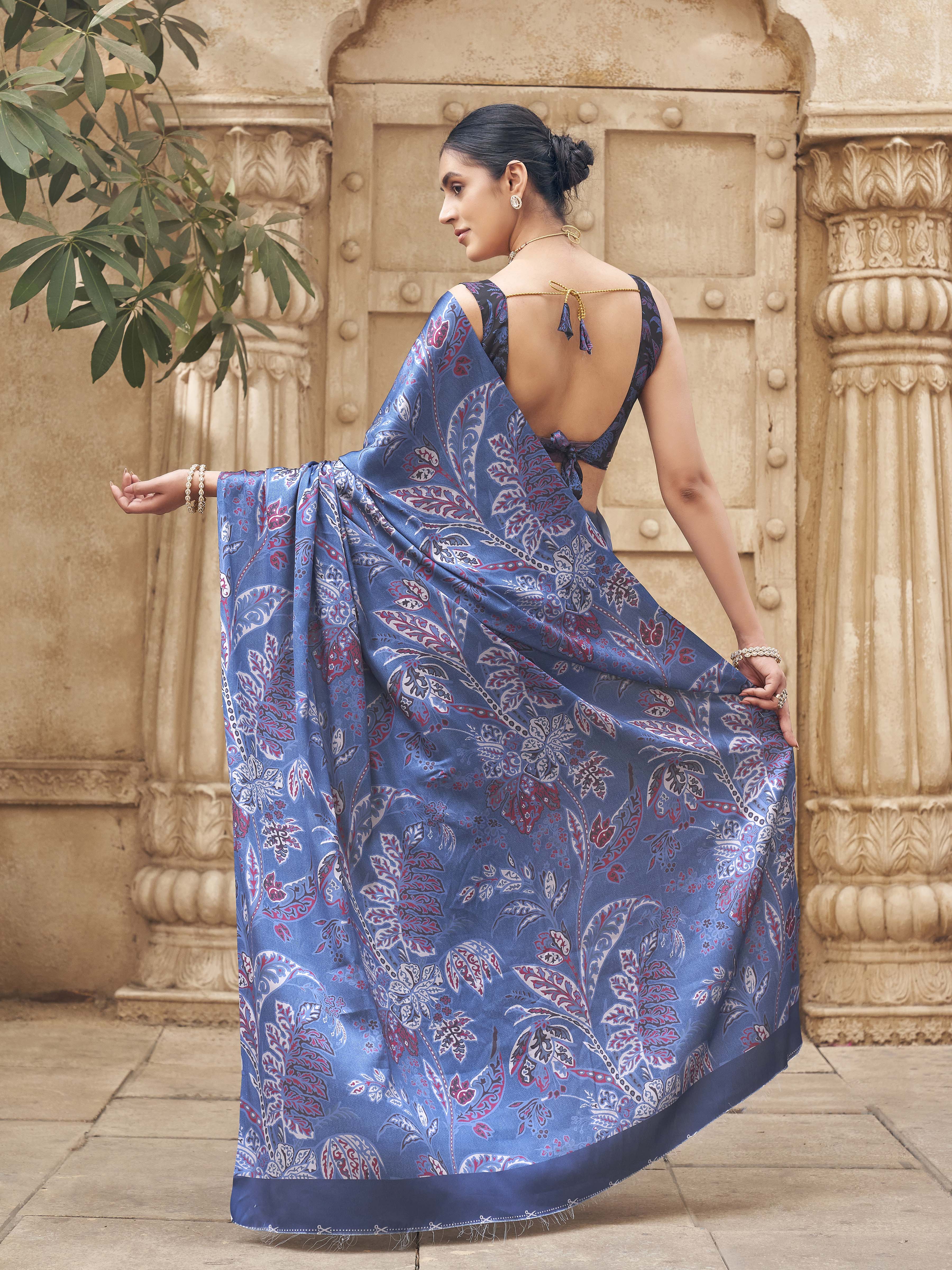 Blue colored satin digital printed denim textured designer saree