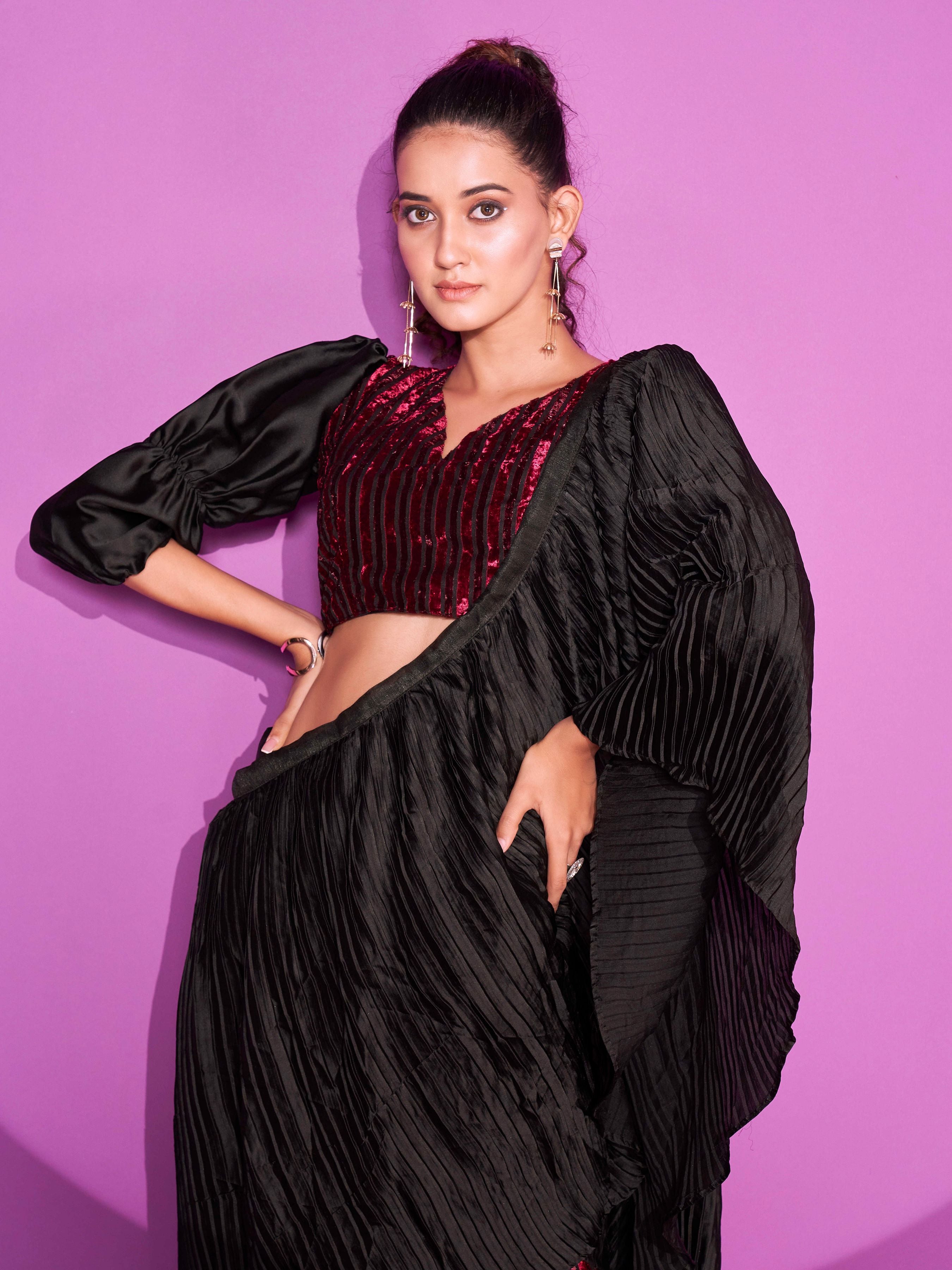 Ready To Wear Black & Maroon Velvet Bollywood Saree with Unstitched Blouse