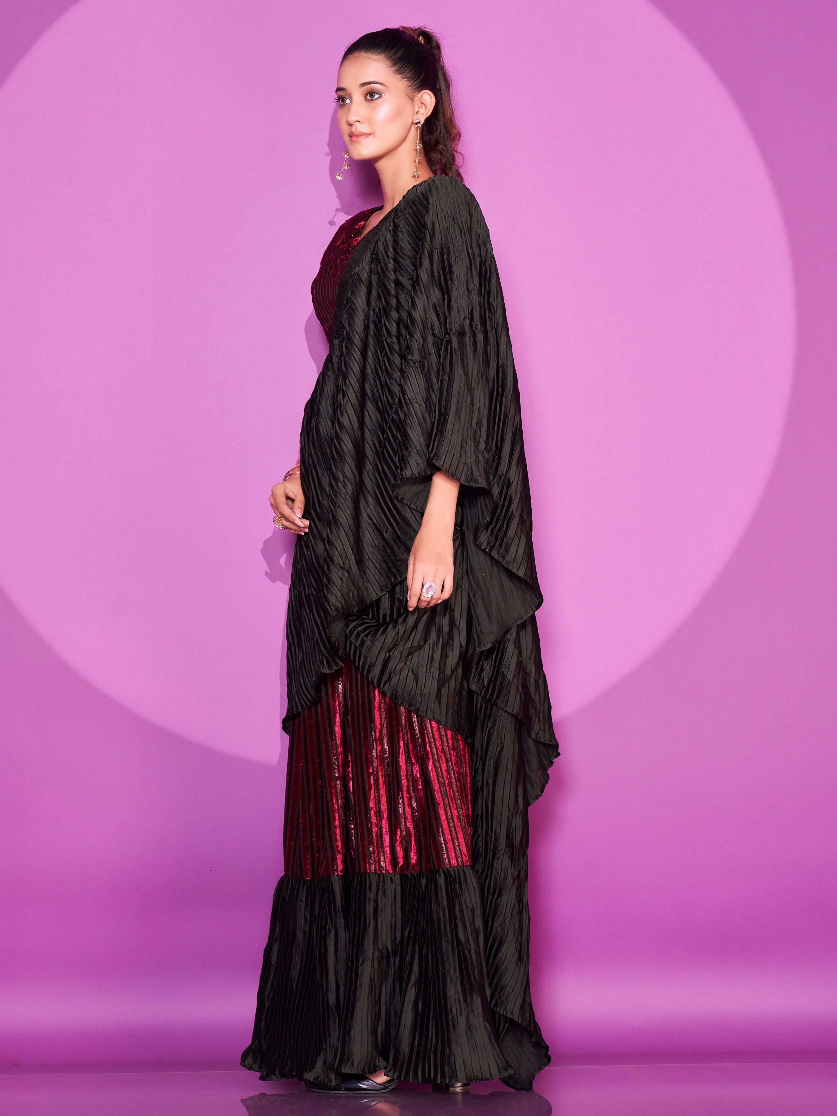 Ready To Wear Black & Maroon Velvet Bollywood Saree with Unstitched Blouse