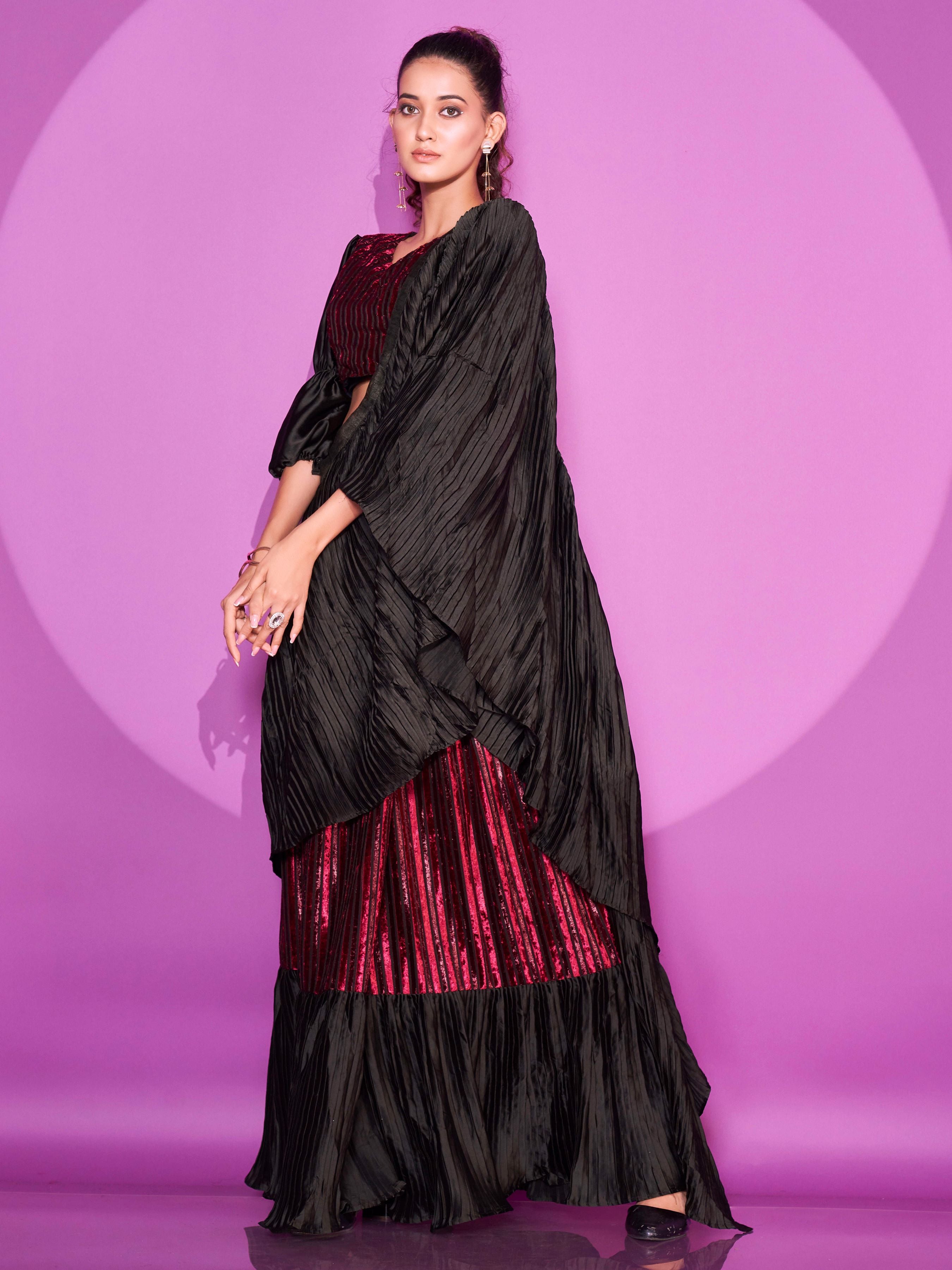 Ready To Wear Black & Maroon Velvet Bollywood Saree with Unstitched Blouse