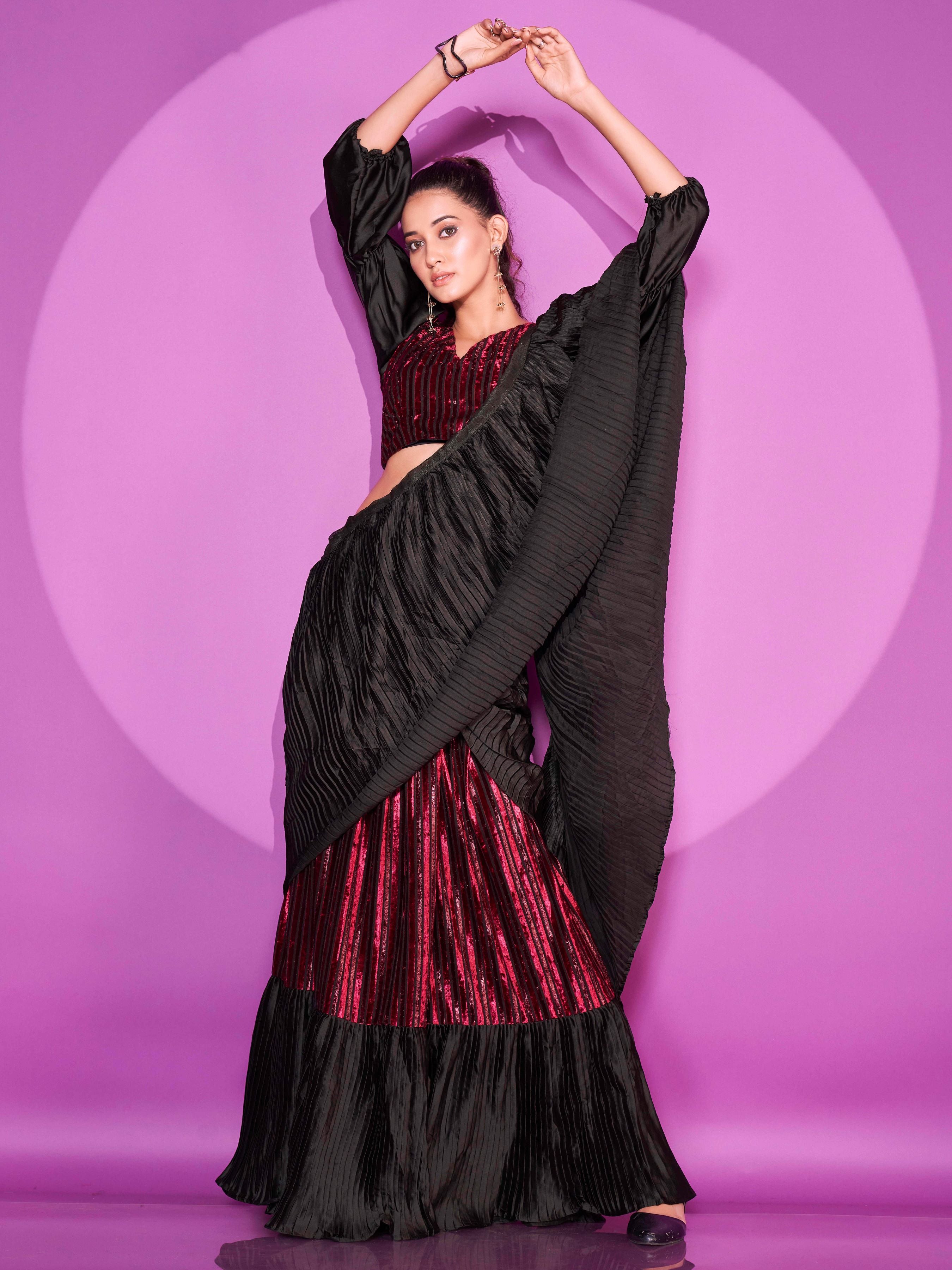 Ready To Wear Black & Maroon Velvet Bollywood Saree with Unstitched Blouse