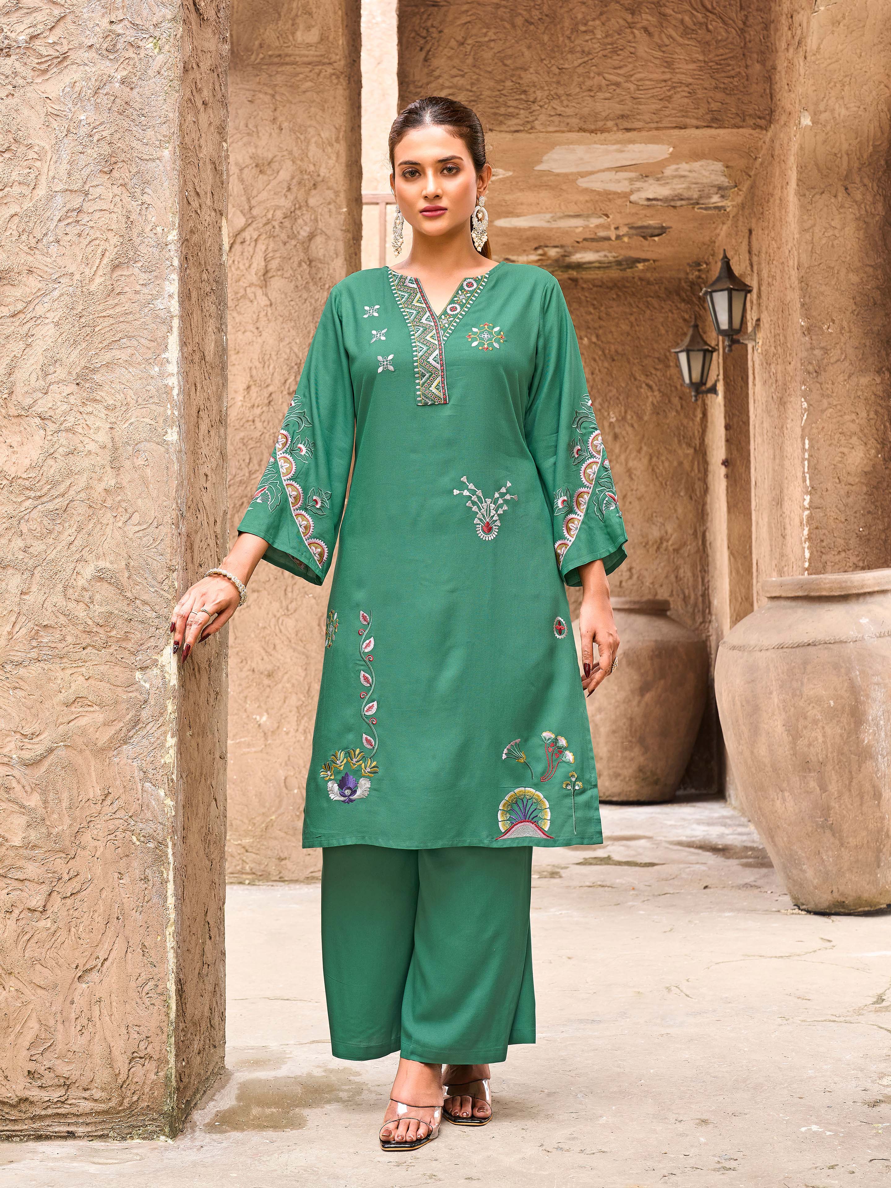 Green color rayon with colorful thread embroidered Co-ords Set