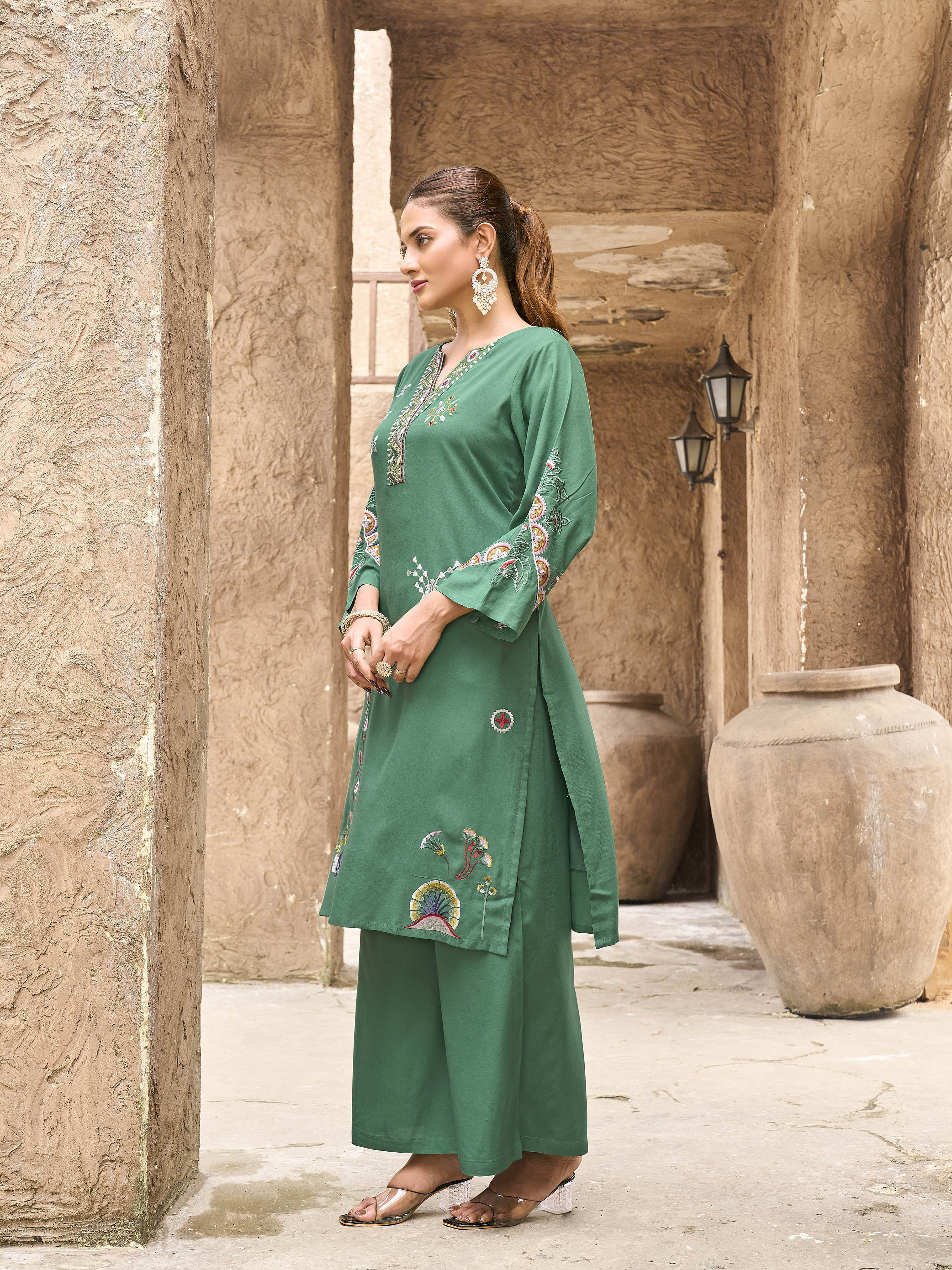 Green color rayon with colorful thread embroidered Co-ords Set