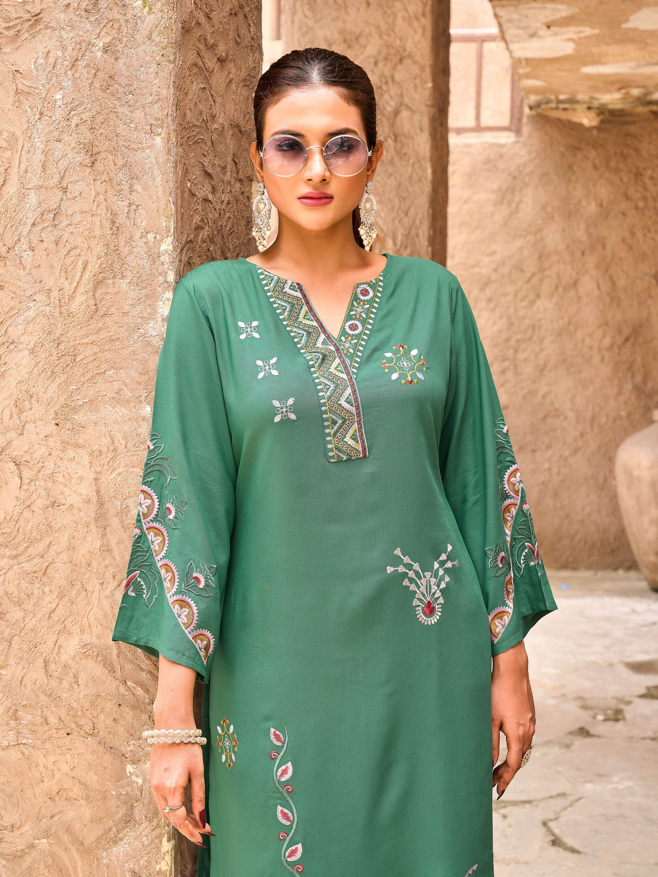 Green color rayon with colorful thread embroidered Co-ords Set