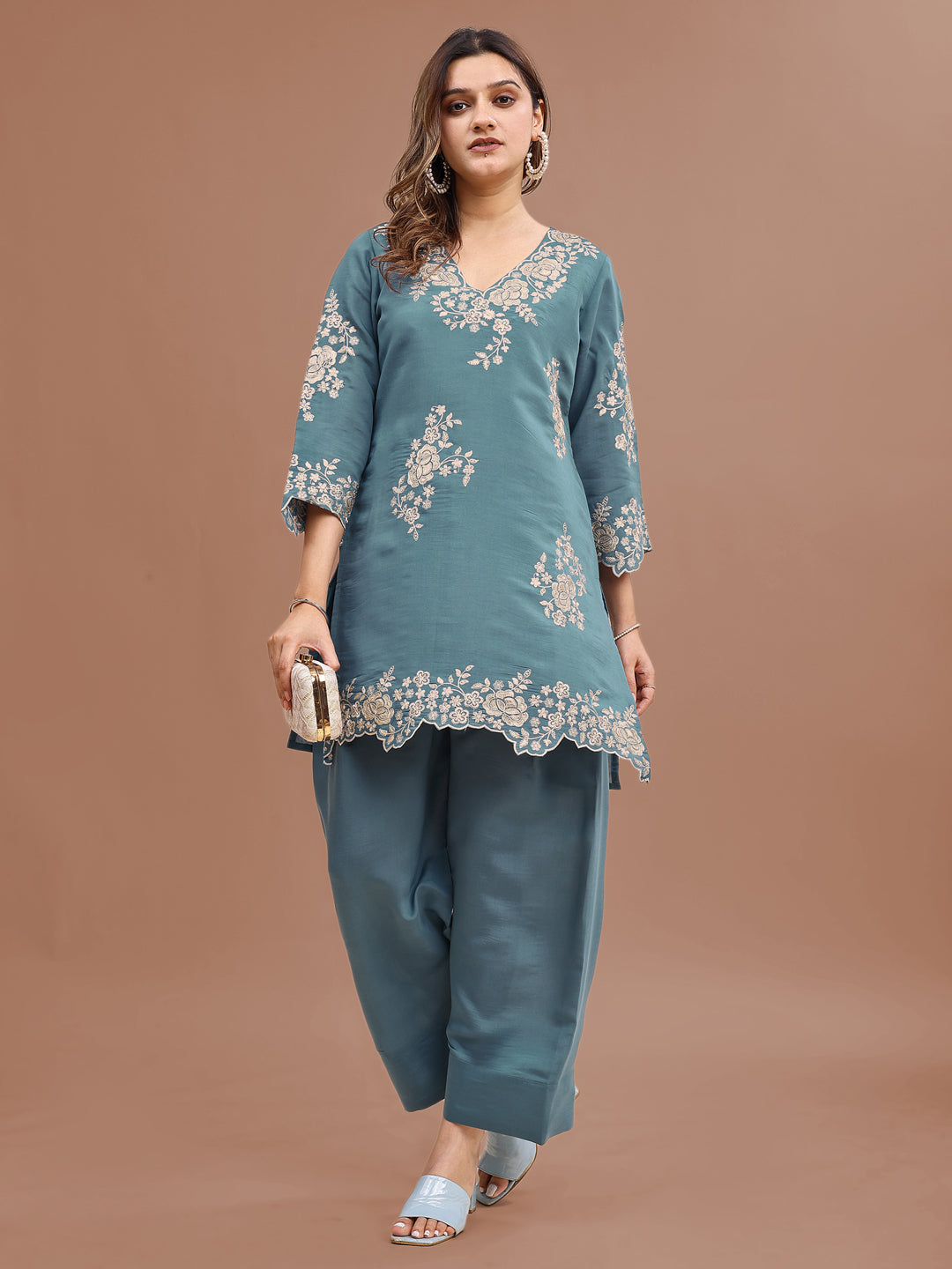 Sea Green Colored Silk Blend With Sequinns Work Tunic & Trouser Co-ord Set