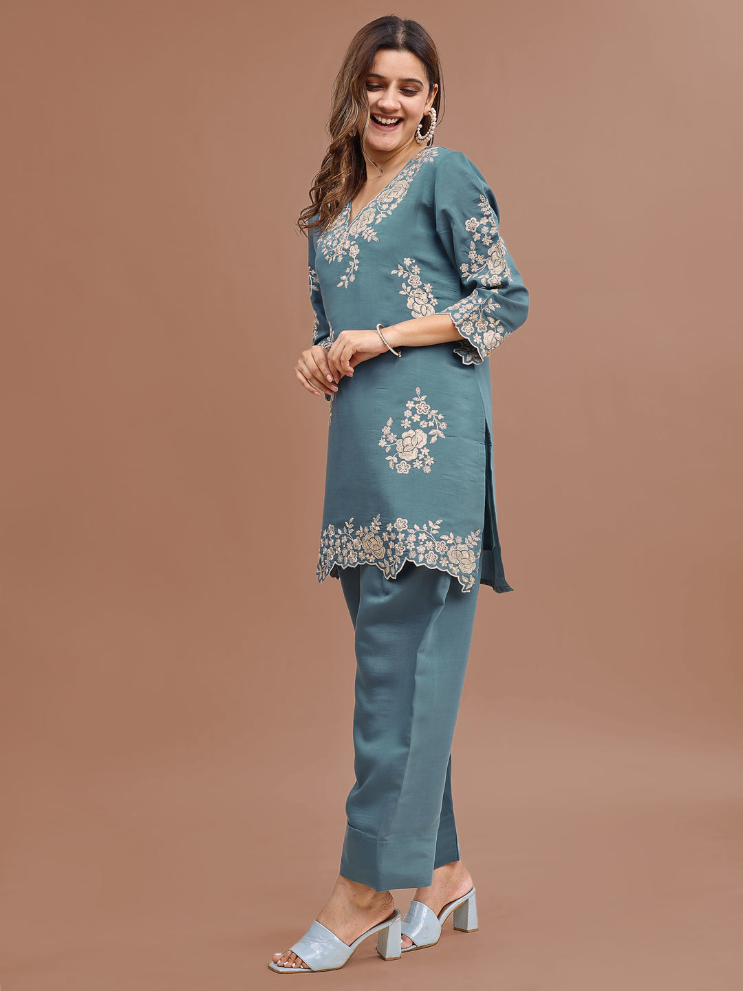 Sea Green Colored Silk Blend With Sequinns Work Tunic & Trouser Co-ord Set