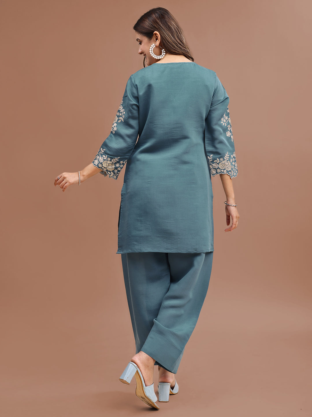 Sea Green Colored Silk Blend With Sequinns Work Tunic & Trouser Co-ord Set