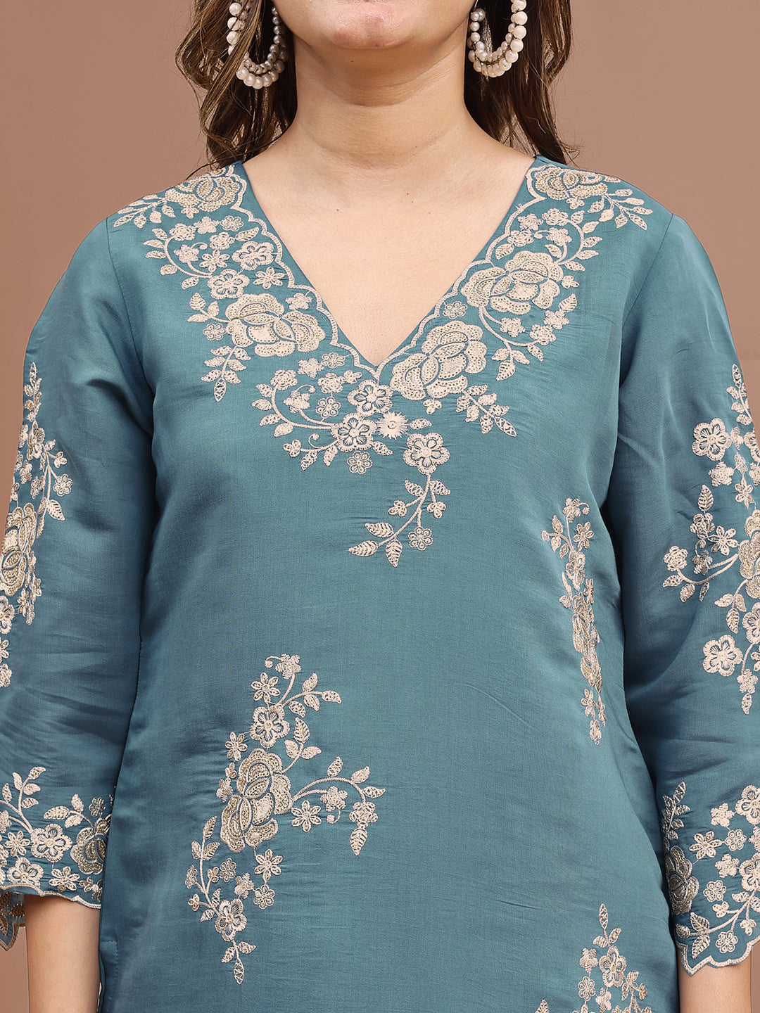 Sea Green Colored Silk Blend With Sequinns Work Tunic & Trouser Co-ord Set