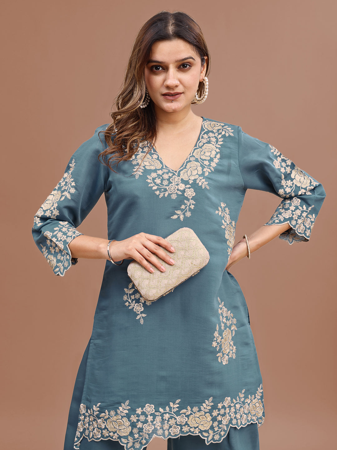 Sea Green Colored Silk Blend With Sequinns Work Tunic & Trouser Co-ord Set