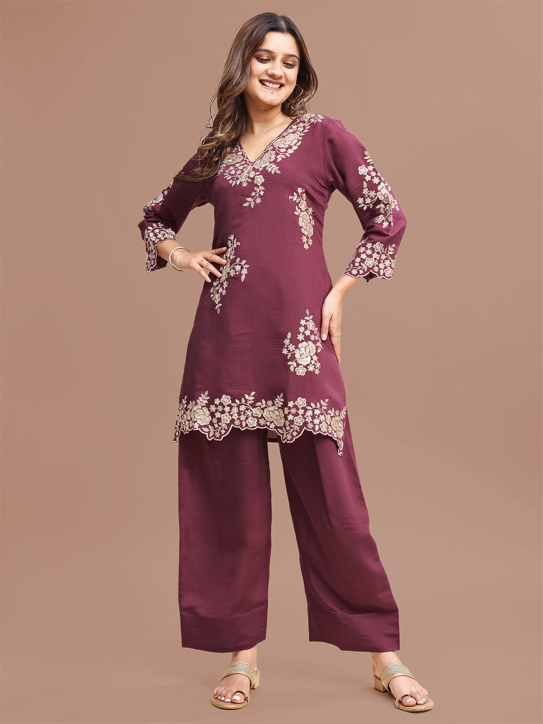 Mauve Colored Silk Blend With Sequinns Work Tunic & Trouser Co-ord Set