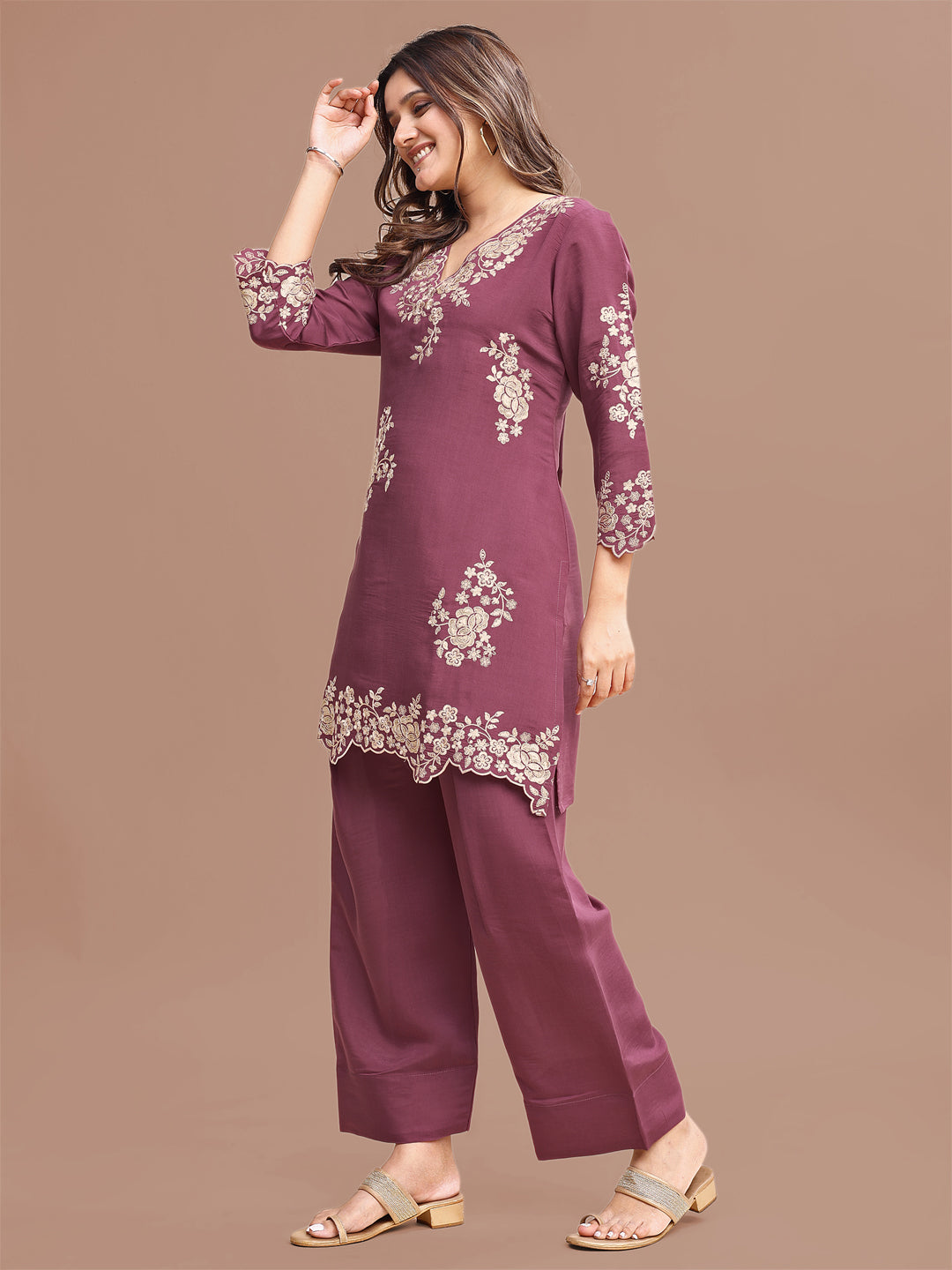 Mauve Colored Silk Blend With Sequinns Work Tunic & Trouser Co-ord Set