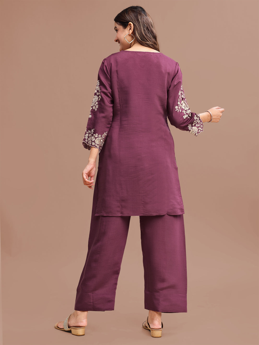 Mauve Colored Silk Blend With Sequinns Work Tunic & Trouser Co-ord Set
