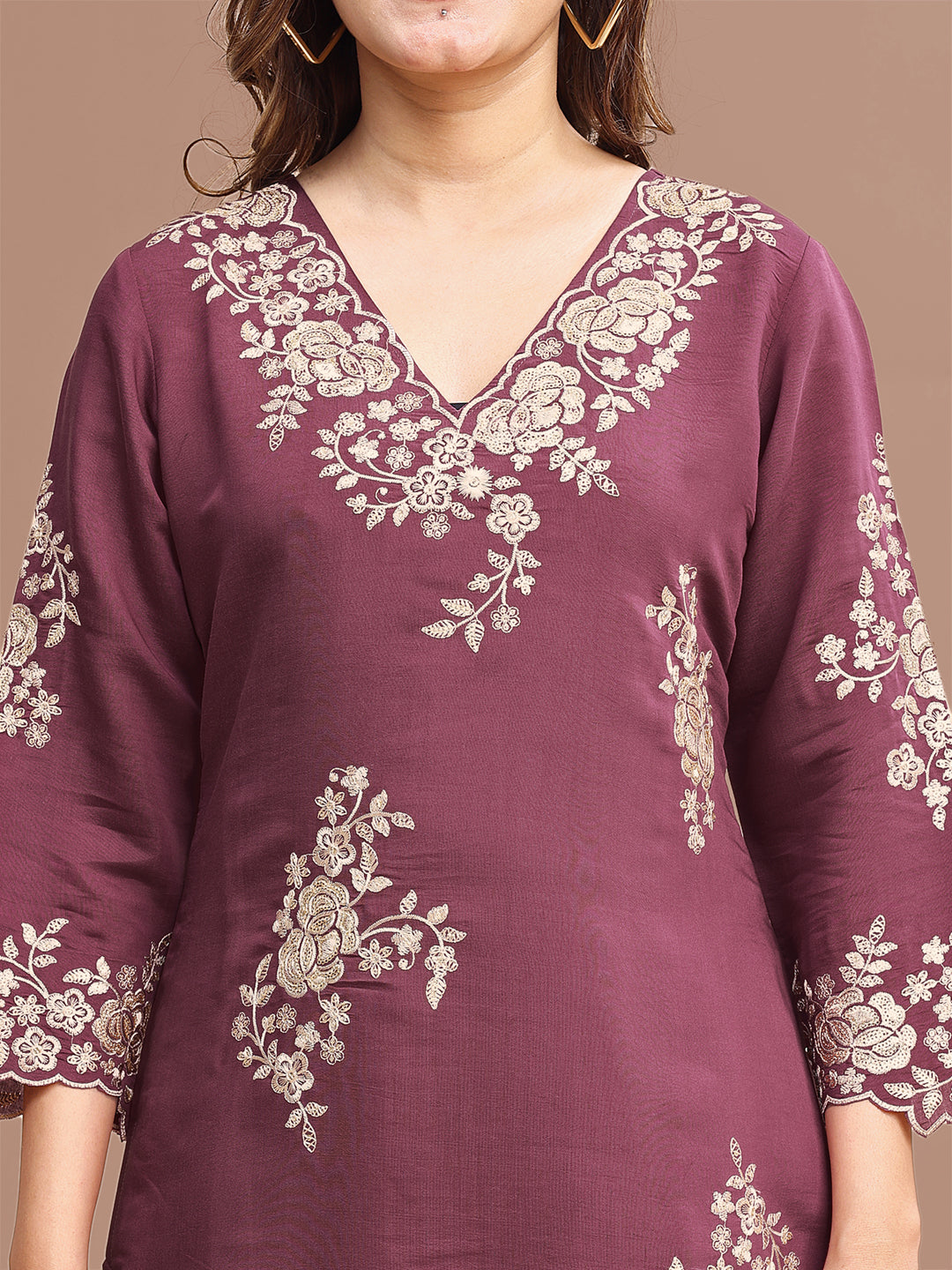 Mauve Colored Silk Blend With Sequinns Work Tunic & Trouser Co-ord Set