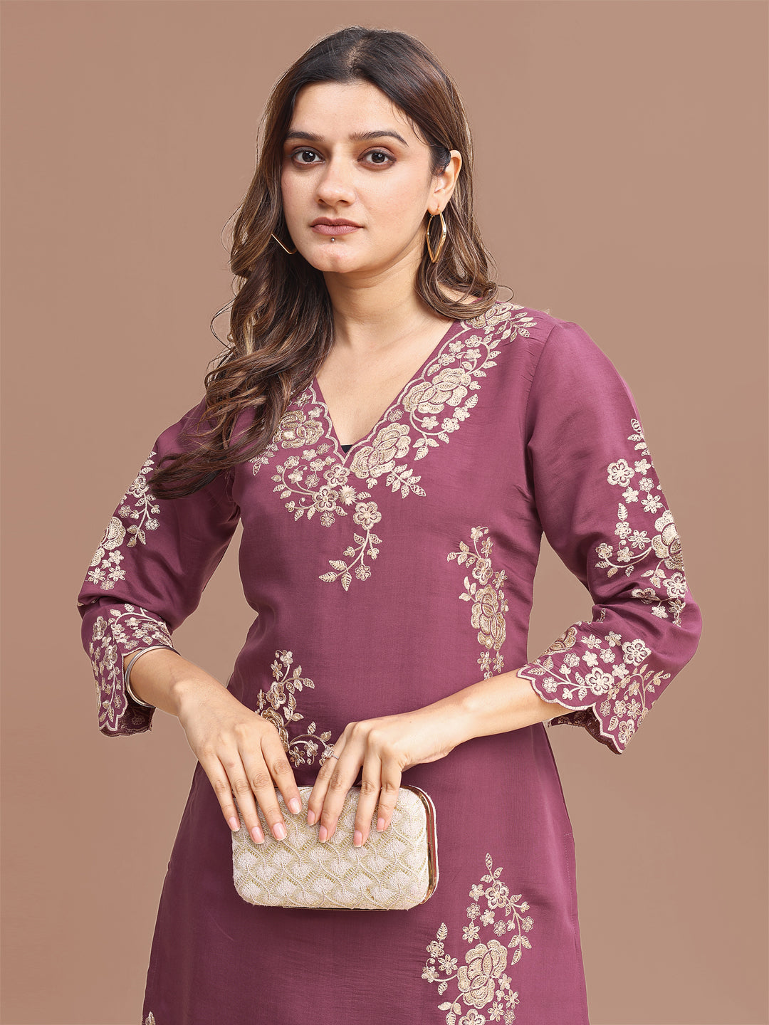 Mauve Colored Silk Blend With Sequinns Work Tunic & Trouser Co-ord Set