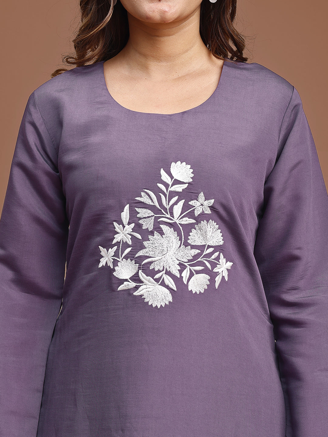 Lavender Colored Silk Blend With White Thread Embroidered Tunic & Trouser Co-ord Set