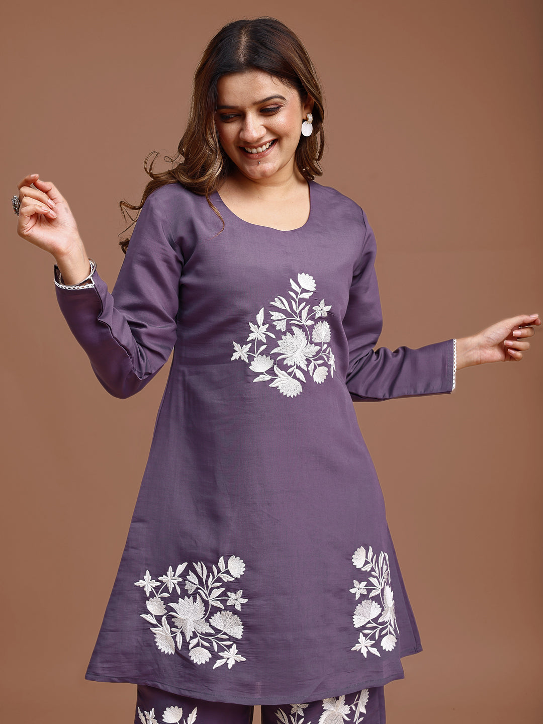 Lavender Colored Silk Blend With White Thread Embroidered Tunic & Trouser Co-ord Set