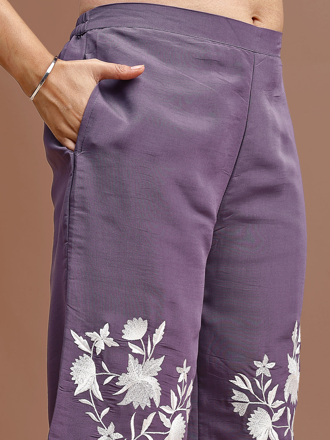 Lavender Colored Silk Blend With White Thread Embroidered Tunic & Trouser Co-ord Set