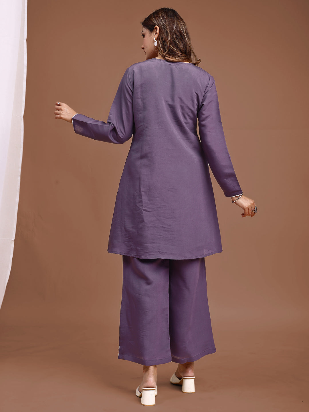 Lavender Colored Silk Blend With White Thread Embroidered Tunic & Trouser Co-ord Set