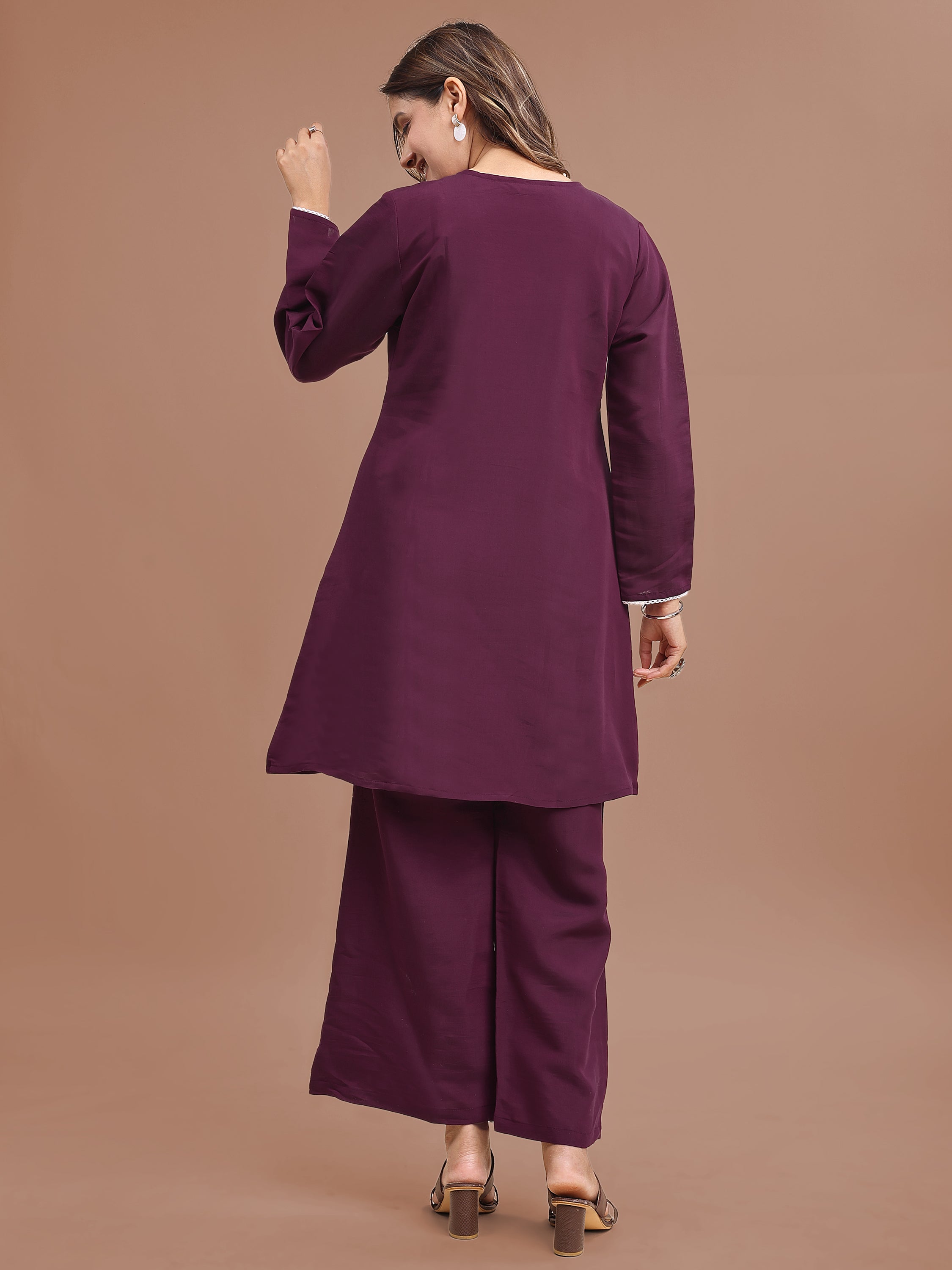 Burgundy Colored Silk Blend With White Thread Embroidered Tunic & Trouser Co-ord Set