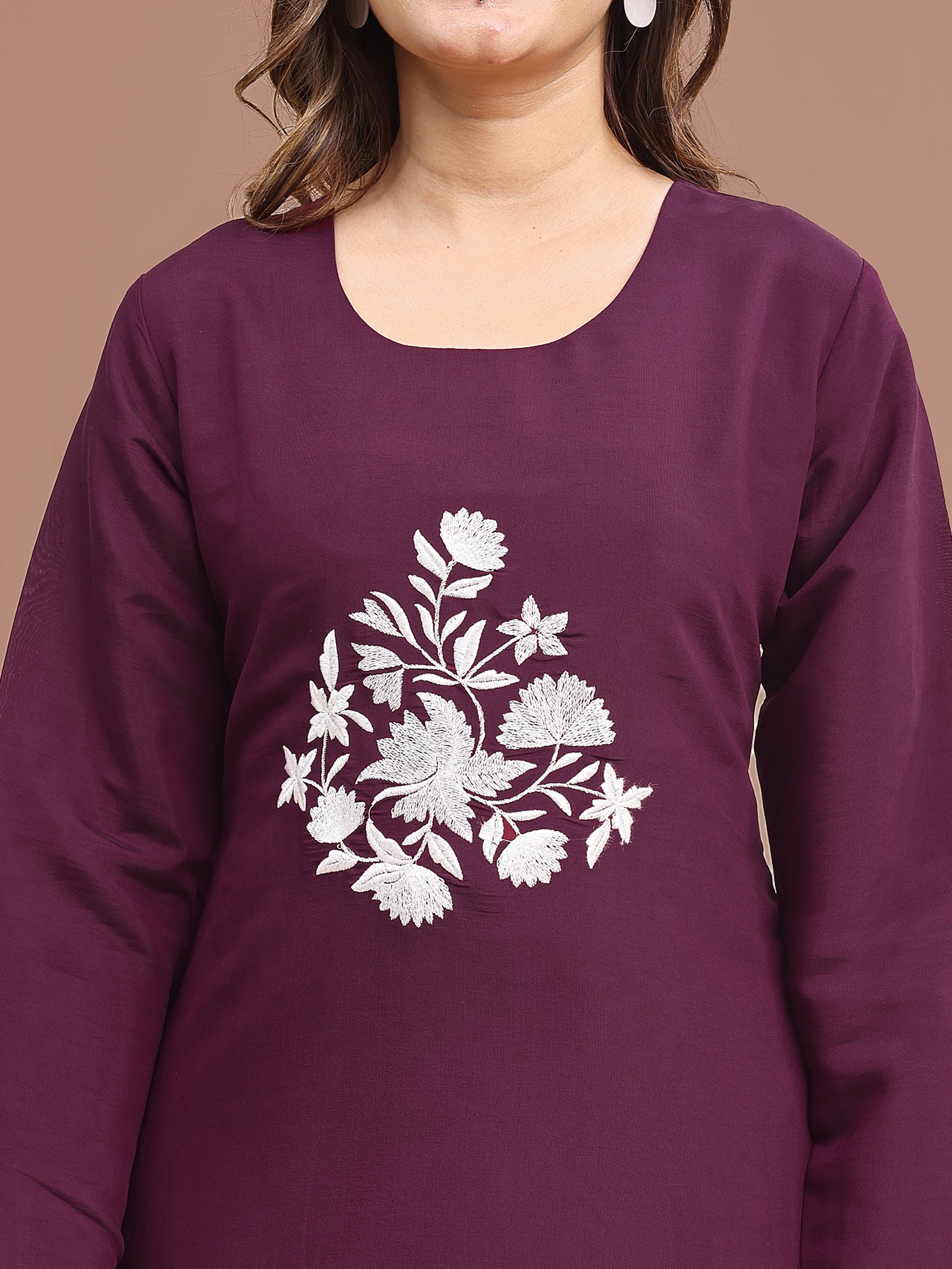 Burgundy Colored Silk Blend With White Thread Embroidered Tunic & Trouser Co-ord Set