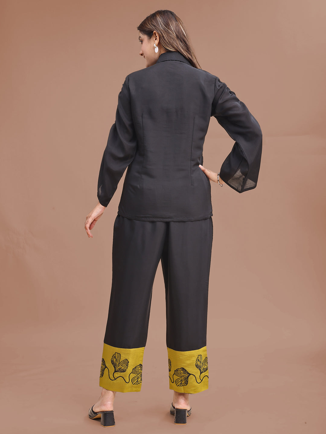Black Colored Embroidered Chanderi Shirt With Pant Co-ord Set
