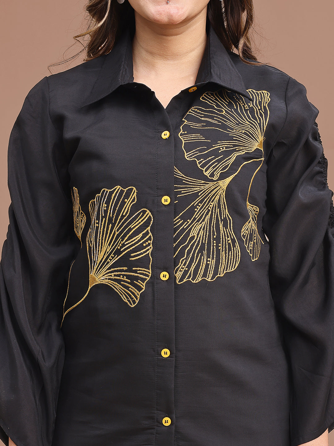 Black Colored Embroidered Chanderi Shirt With Pant Co-ord Set