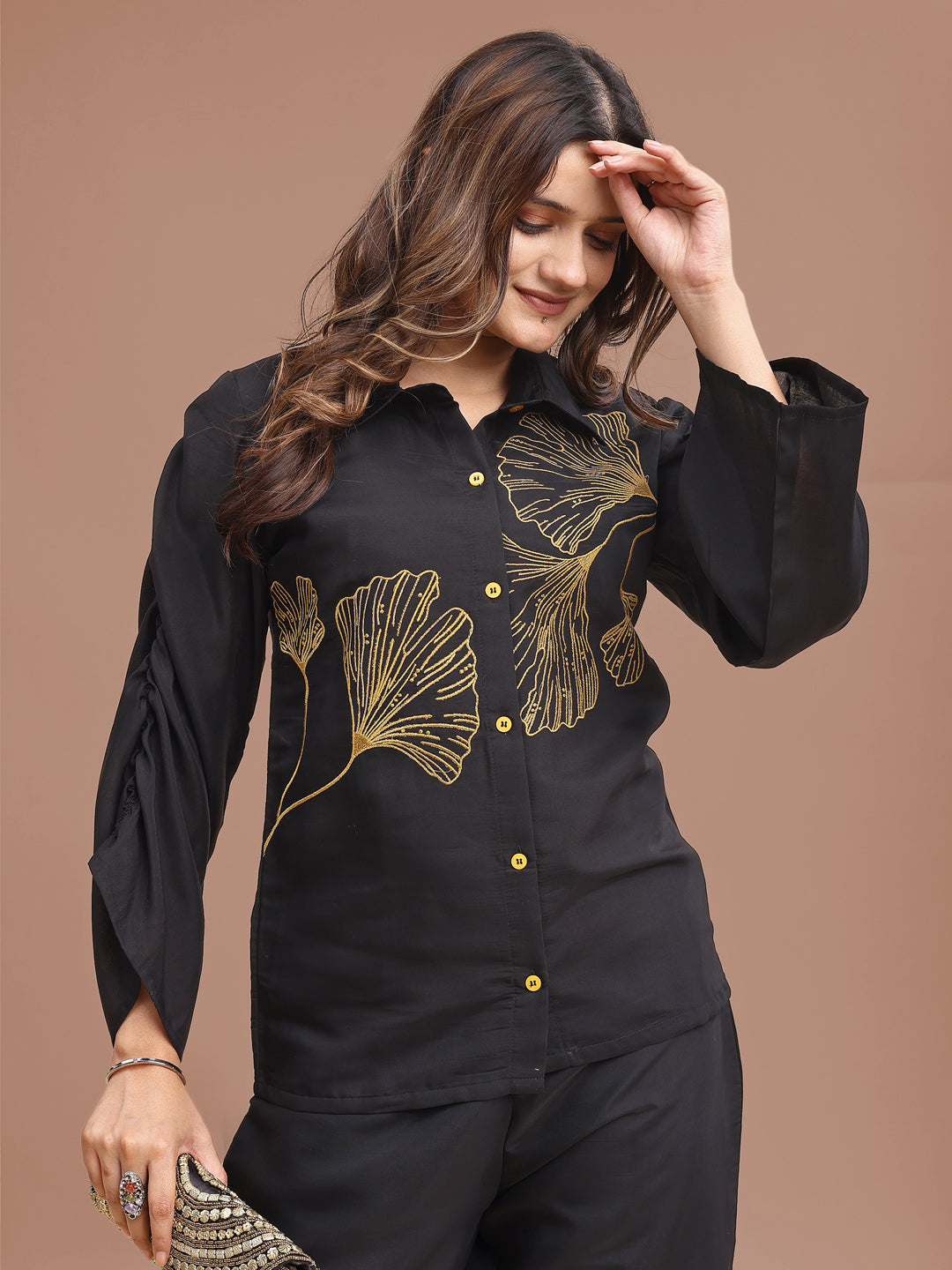 Black Colored Embroidered Chanderi Shirt With Pant Co-ord Set